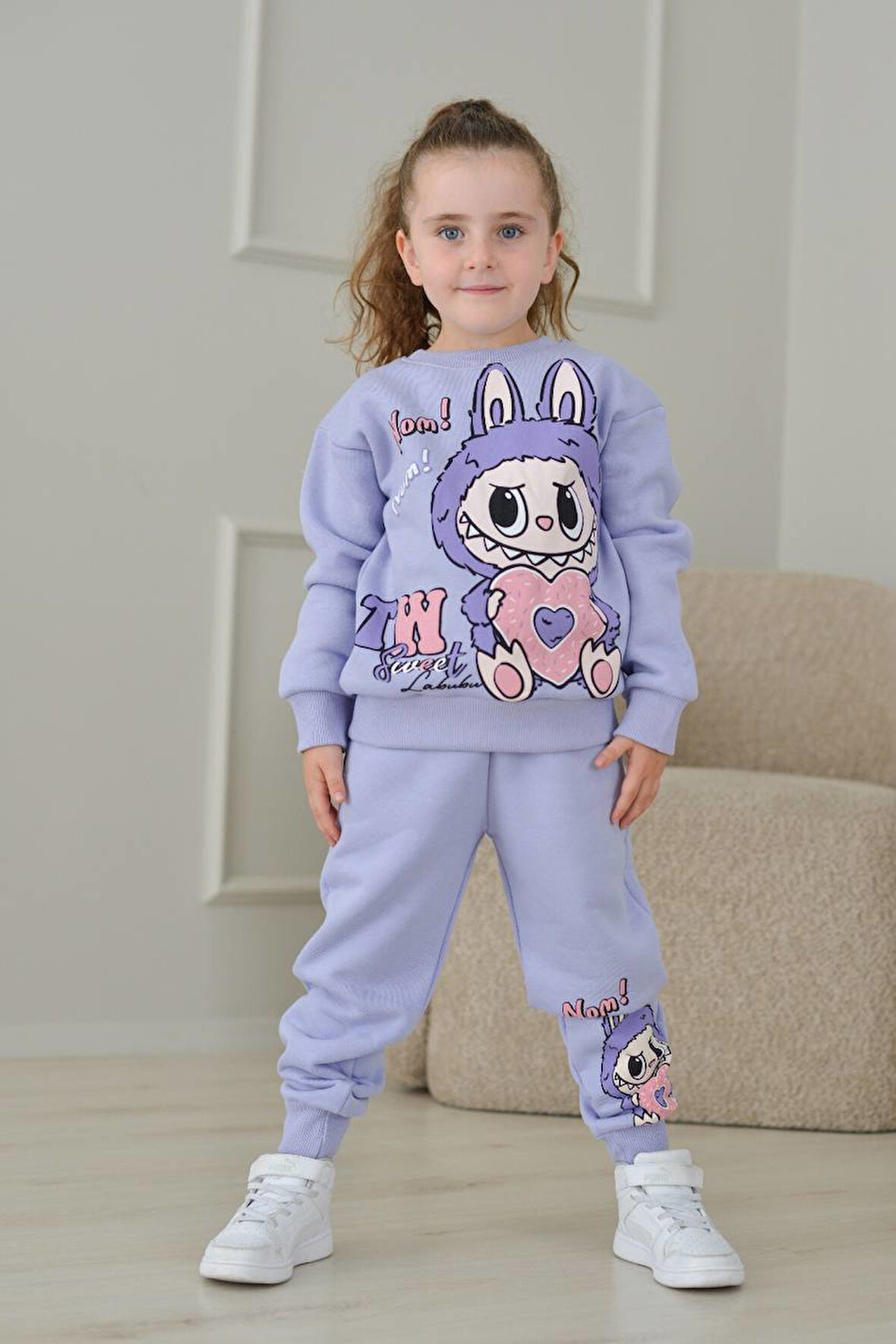 PJK3İ Labubu Desenli 3 İp Şardonlu %100 Pamuk Kız Çocuk Eşofman Takımı 3-10 Yaş 8242