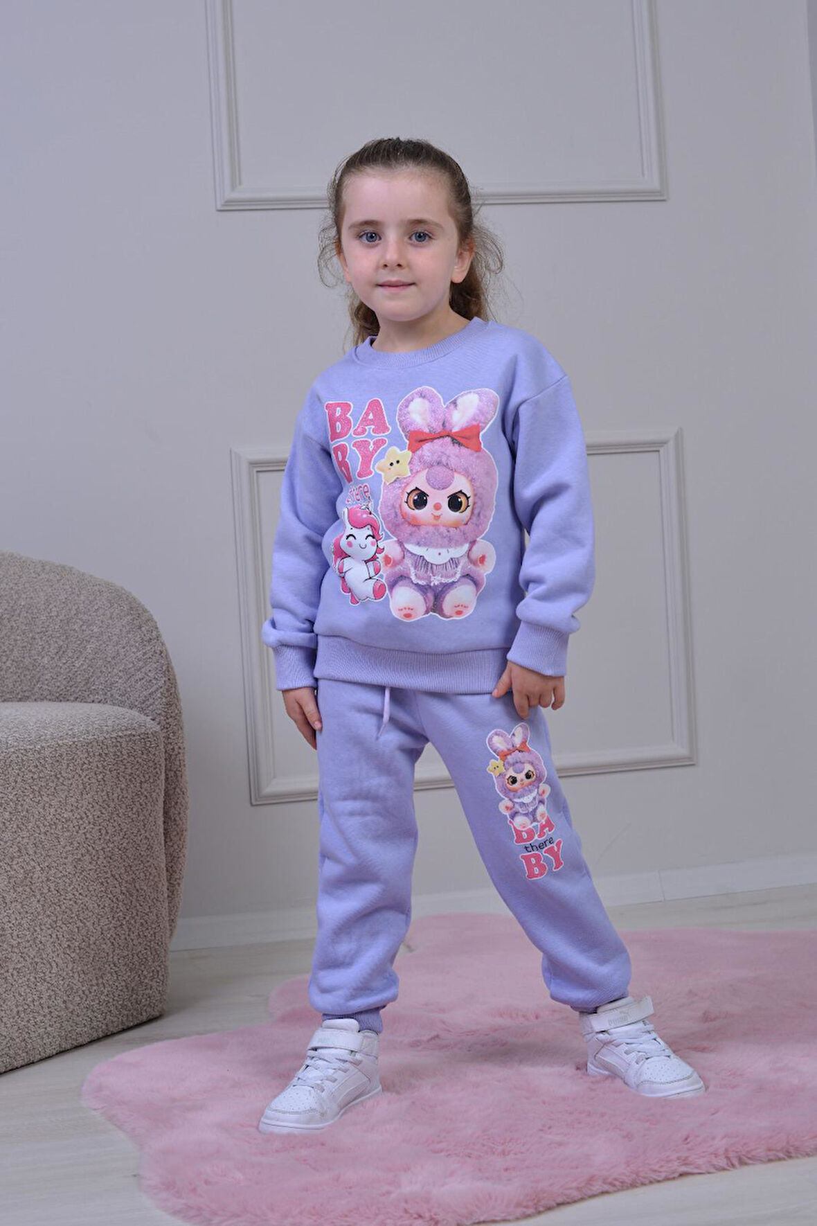 PJK3İ Baby Desenli 3 İp Şardonlu %100 Pamuk Kız Çocuk Eşofman Takımı 3-10 Yaş 8247