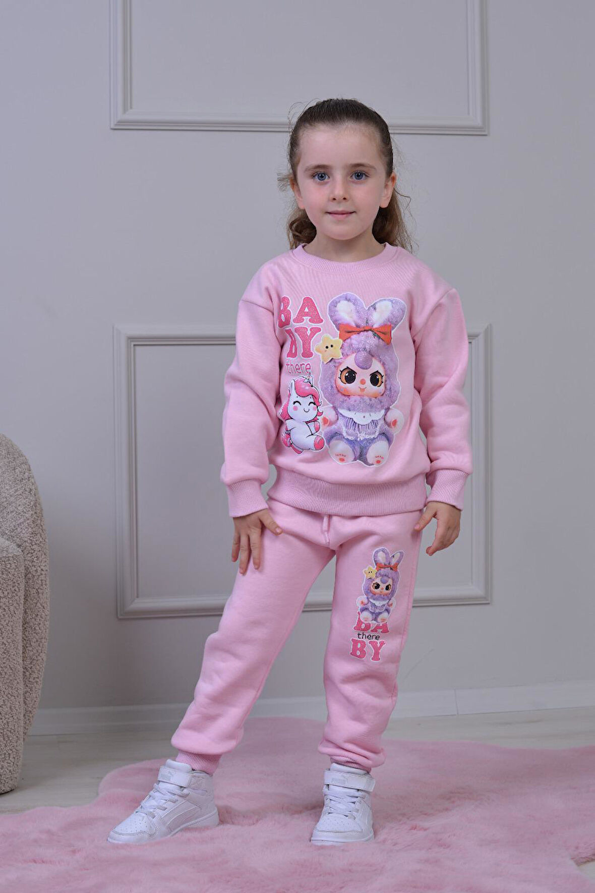 PJK3İ Baby Desenli 3 İp Şardonlu %100 Pamuk Kız Çocuk Eşofman Takımı 3-10 Yaş 8247