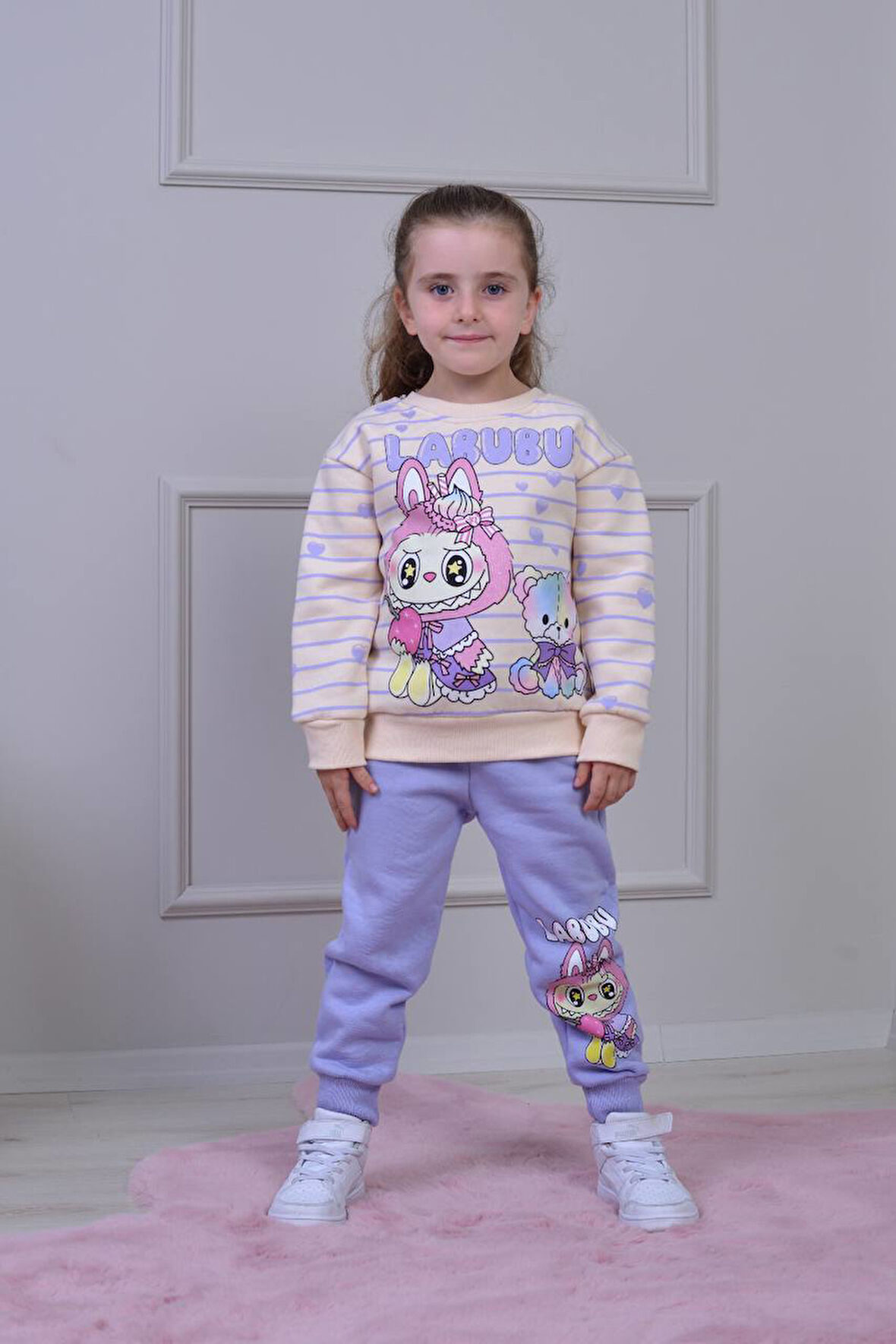 PJK3İ Labubu Desenli 3 İp Şardonlu %100 Pamuk Kız Çocuk Eşofman Takımı 3-10 Yaş 8249