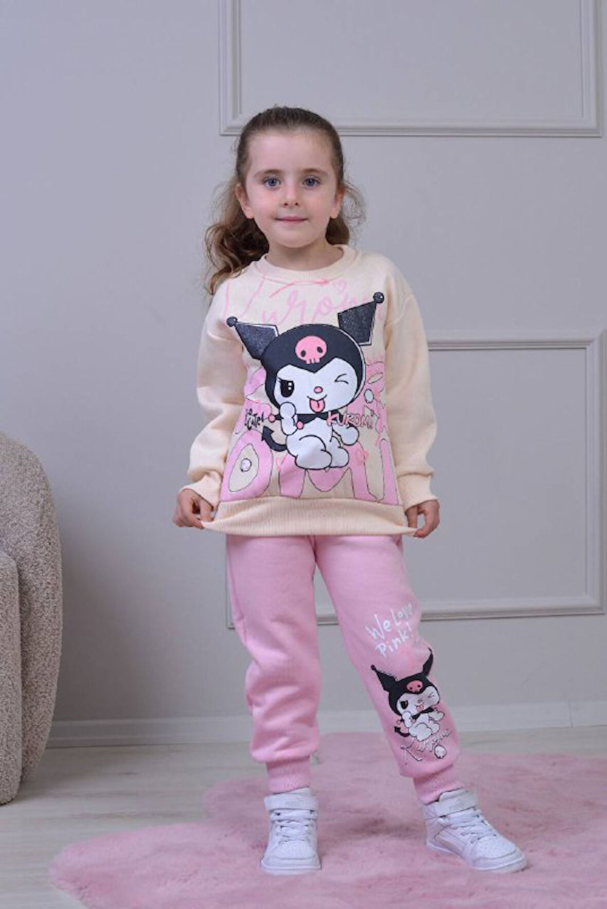 PJK3İ Kuromi Desenli 3 İp Şardonlu %100 Pamuk Kız Çocuk Eşofman Takımı 3-10 Yaş 8250