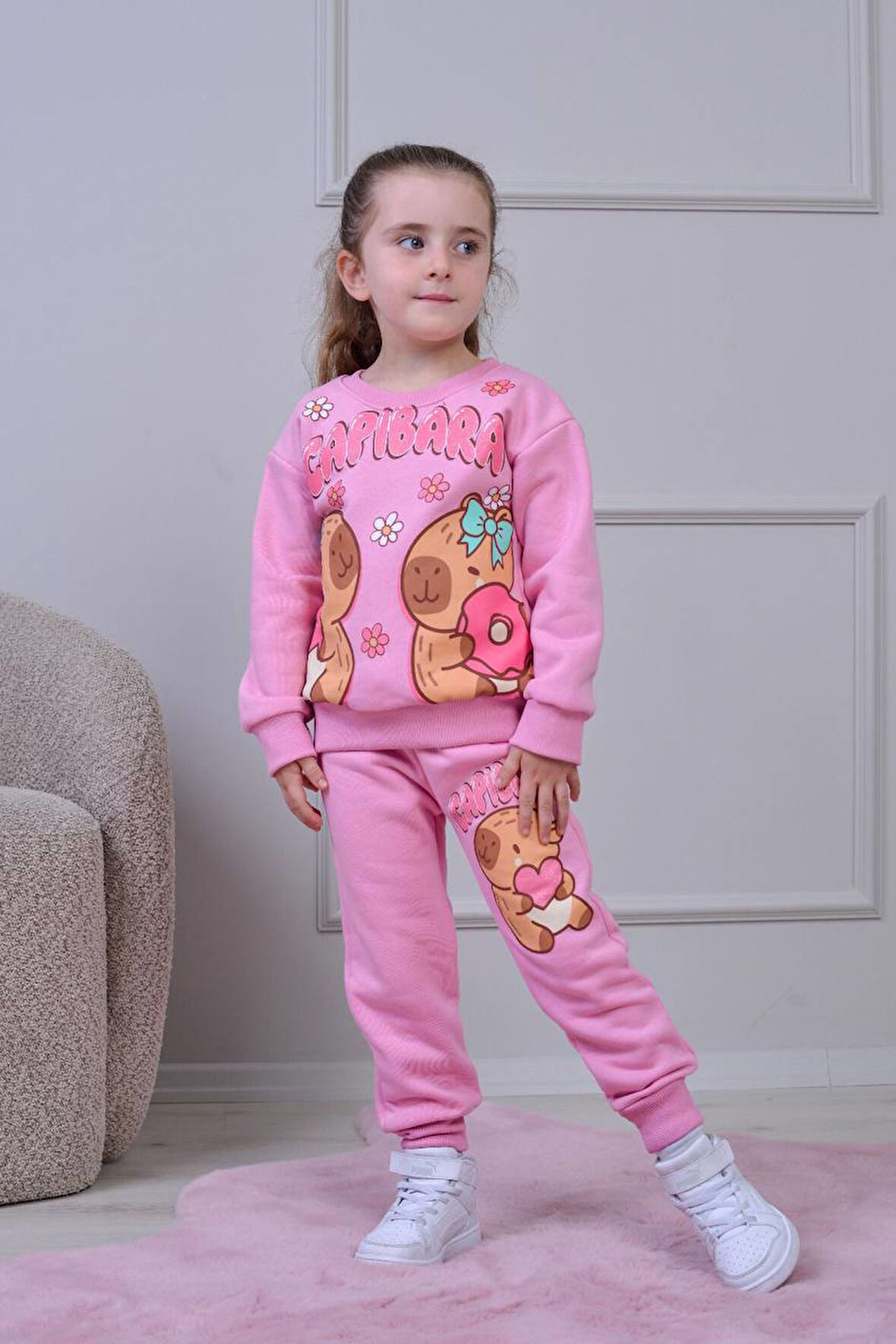 PJK3İ Capıbara Desenli 3 İp Şardonlu %100 Pamuk Kız Çocuk Eşofman Takımı 3-10 Yaş 8251