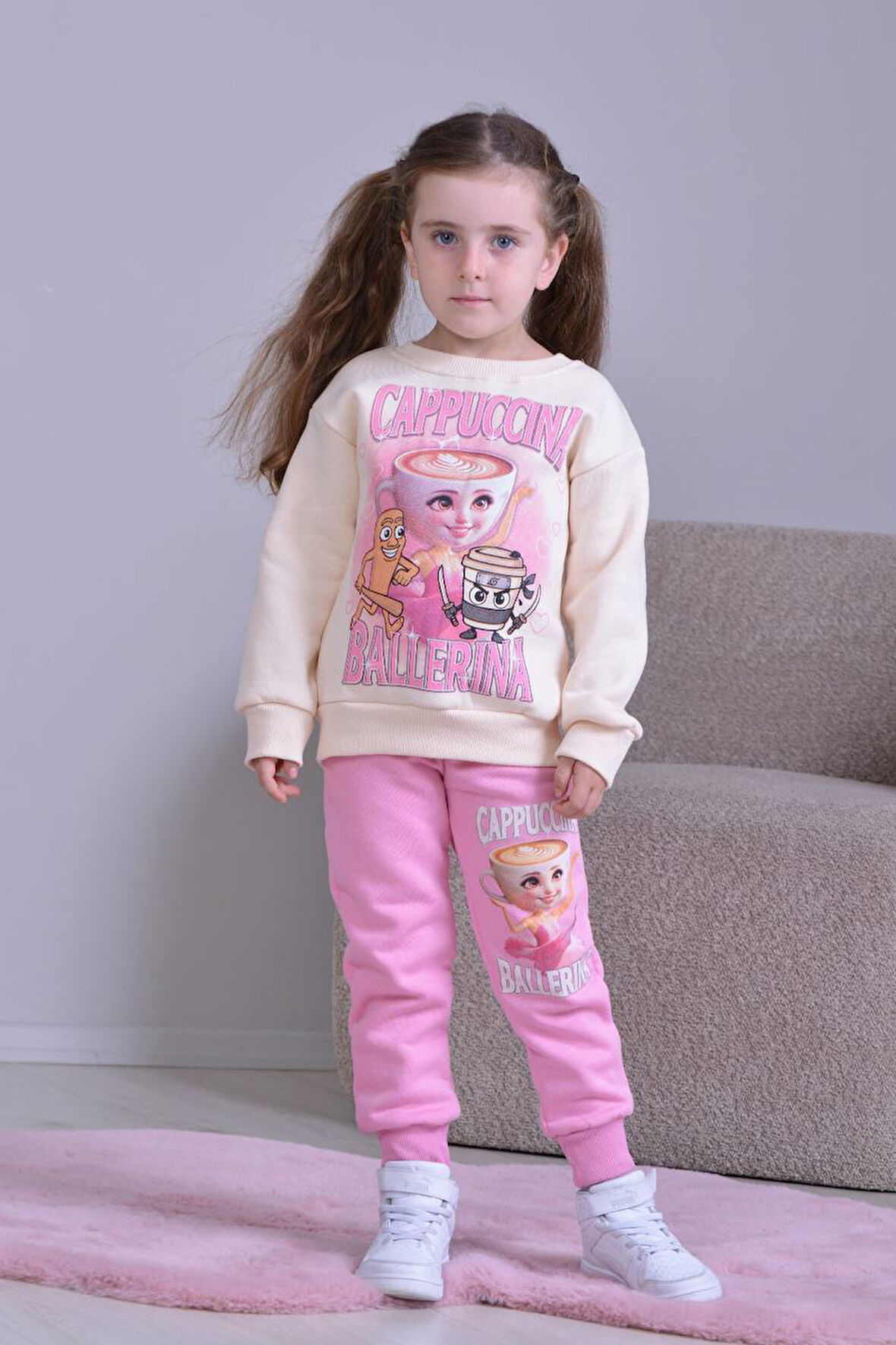 PJK3İ Balerina Capicino Desenli 3 İp Şardonlu %100 Pamuk Kız Çocuk Eşofman Takımı 3-10 Yaş 8253