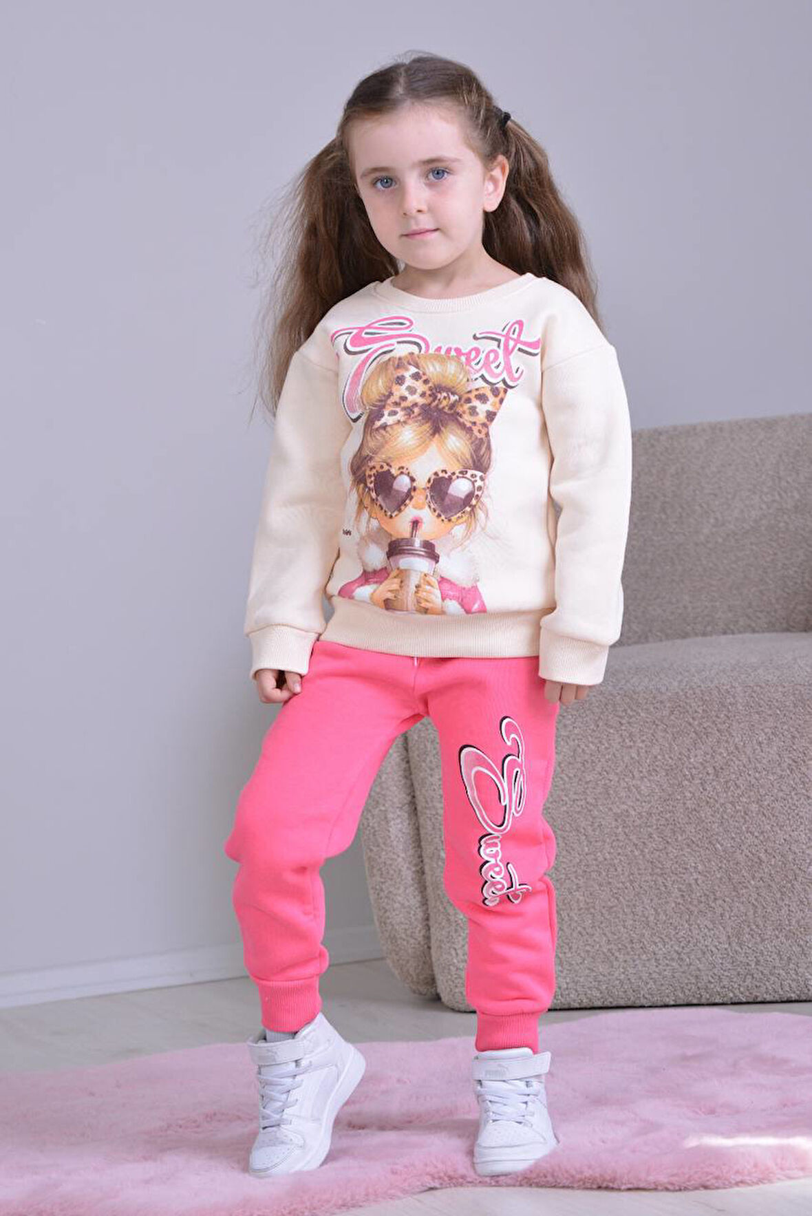 PJK3İ Gözlüklü Kız Desenli 3 İp Şardonlu %100 Pamuk Kız Çocuk Eşofman Takımı 3-10 Yaş 8254