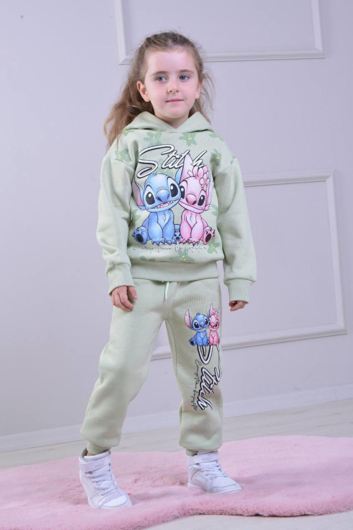 PJK3İ Stittcch Desenli 3 İp Şardonlu Kapşonlu %100 Pamuk Kız Çocuk Eşofman Takımı 3-10 Yaş 8255