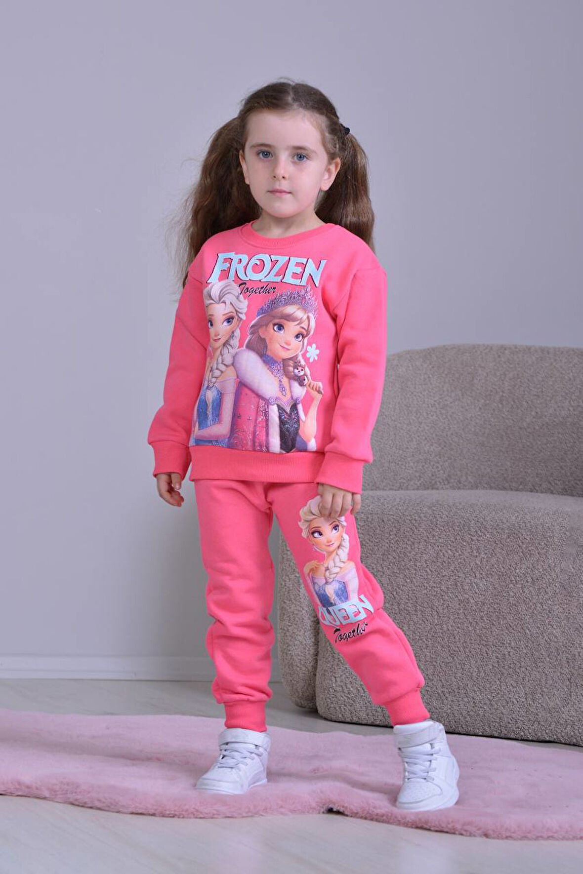 PJK3İ Frou Kız Desenli 3 İp Şardonlu %100 Pamuk Kız Çocuk Eşofman Takımı 3-10 Yaş 8254