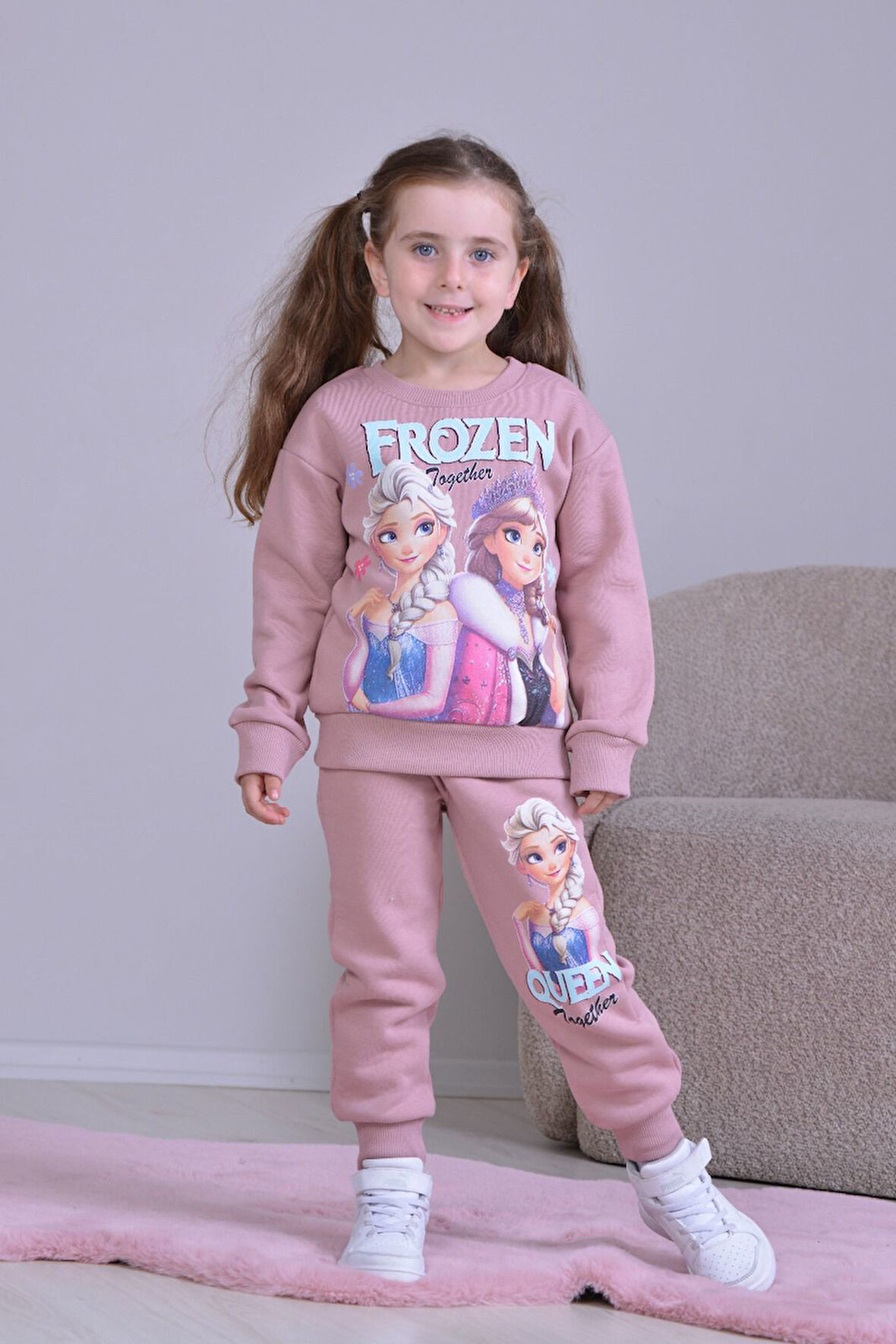 PJK3İ Frou Kız Desenli 3 İp Şardonlu %100 Pamuk Kız Çocuk Eşofman Takımı 3-10 Yaş 8254