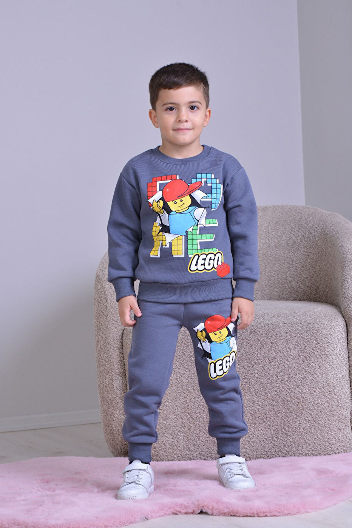 PJK3İ Leegoo Desenli 3 İp Şardonlu %100 Pamuk Erkek Çocuk Eşofman Takımı 3-10 Yaş 8261