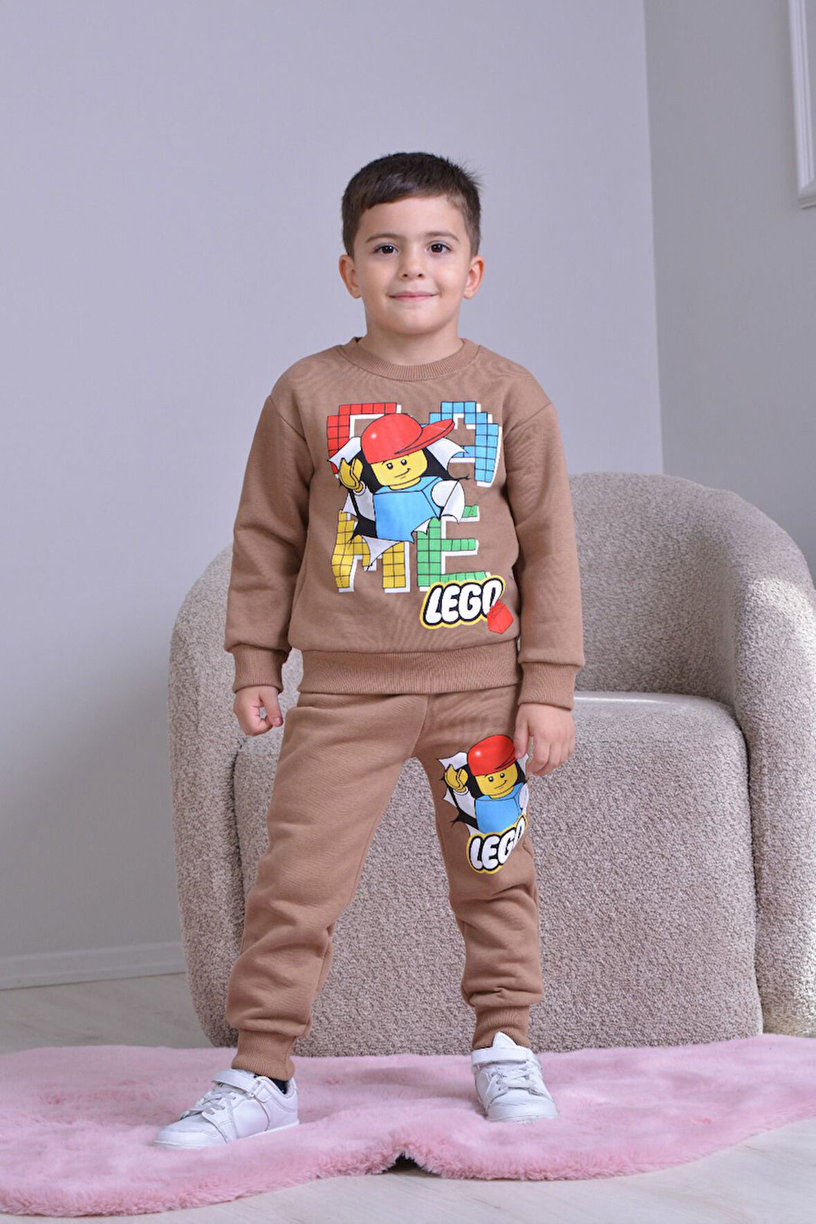 PJK3İ Leegoo Desenli 3 İp Şardonlu %100 Pamuk Erkek Çocuk Eşofman Takımı 3-10 Yaş 8261