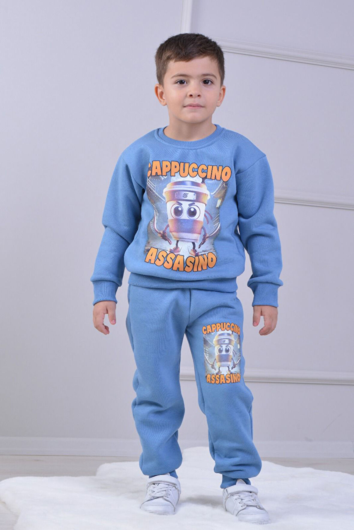 PJK3İ Cappıcıno Desenli 3 İp Şardonlu %100 Pamuk Erkek Çocuk Eşofman Takımı 3-10 Yaş 8266