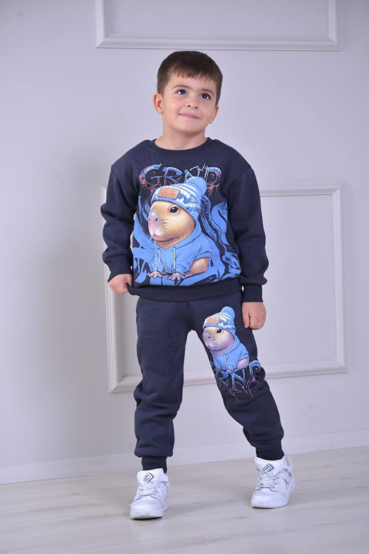 PJK3İ Capy Baba Desenli 3 İp Şardonlu %100 Pamuk Erkek Çocuk Eşofman Takımı 3-10 Yaş 8267