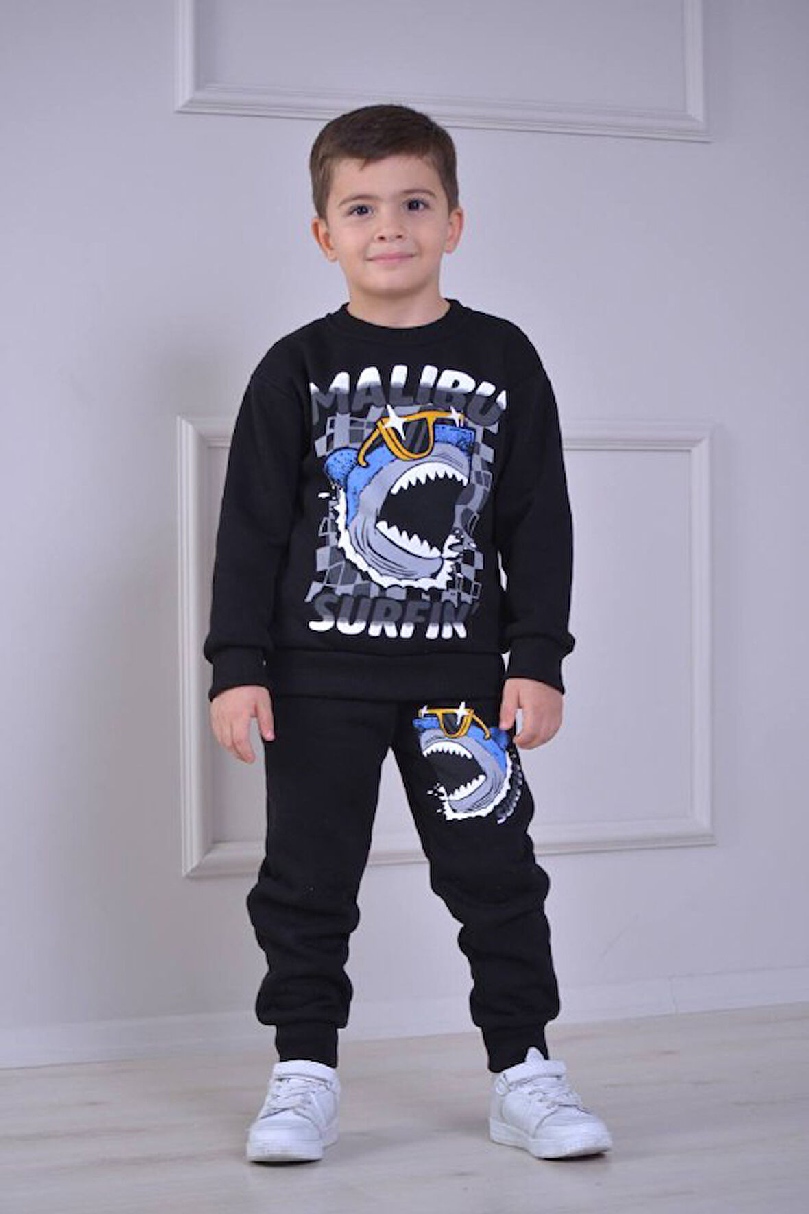 PJK3İ Köpek Balığı Desenli 3 İp Şardonlu %100 Pamuk Erkek Çocuk Eşofman Takımı 3-10 Yaş 8269