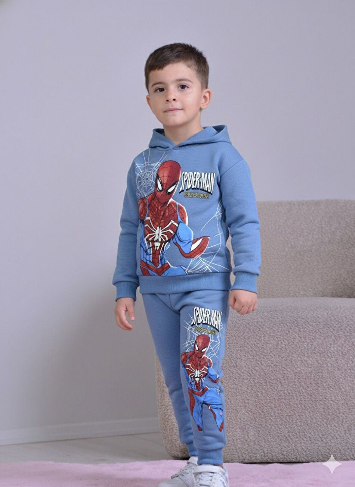 PJK3İ Ö.Adam Desenli 3 İp Şardonlu Kapşonlu %100 Pamuk Erkek Çocuk Eşofman Takımı 3-10 Yaş 8272