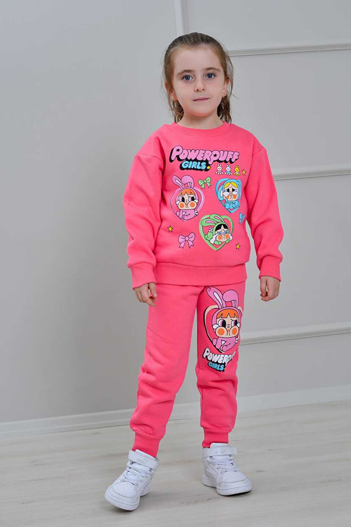 PJK3İ Powerpuff Desenli 3 İp Şardonlu %100 Pamuk Kız Çocuk Eşofman Takımı 3-10 Yaş 8285