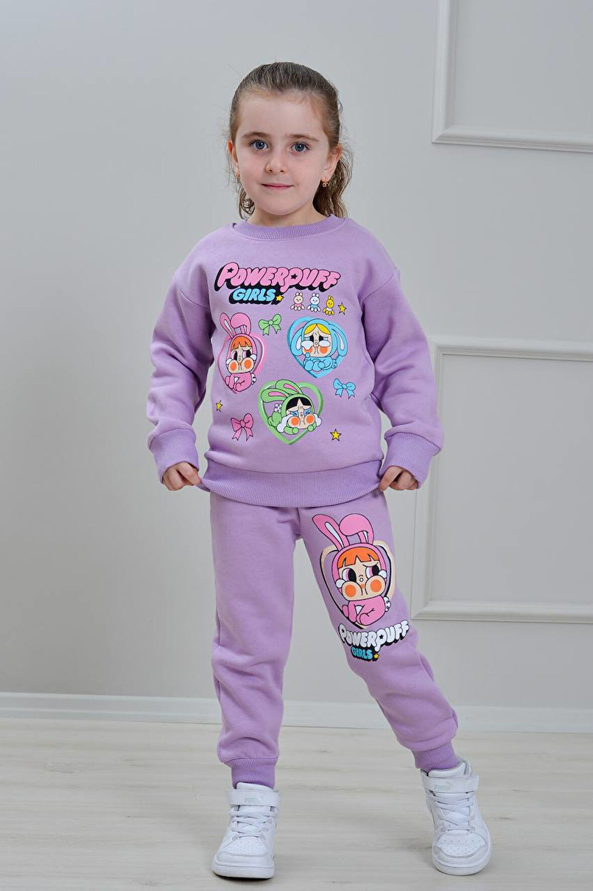 PJK3İ Powerpuff Desenli 3 İp Şardonlu %100 Pamuk Kız Çocuk Eşofman Takımı 3-10 Yaş 8285