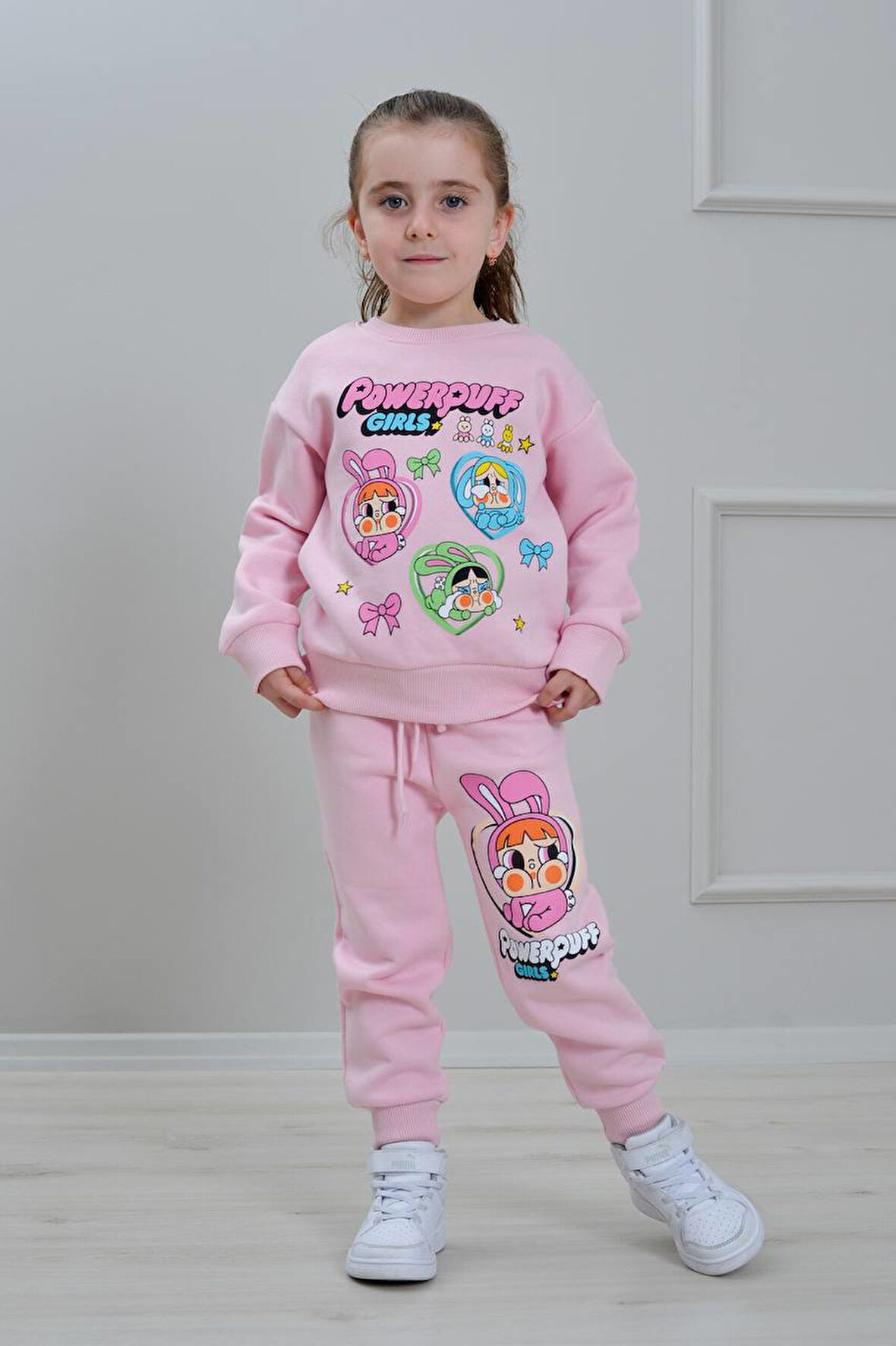 PJK3İ Powerpuff Desenli 3 İp Şardonlu %100 Pamuk Kız Çocuk Eşofman Takımı 3-10 Yaş 8285