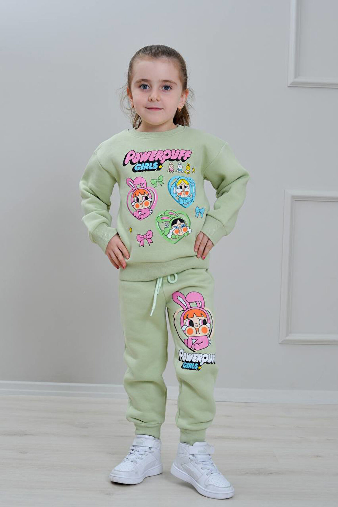 PJK3İ Powerpuff Desenli 3 İp Şardonlu %100 Pamuk Kız Çocuk Eşofman Takımı 3-10 Yaş 8285