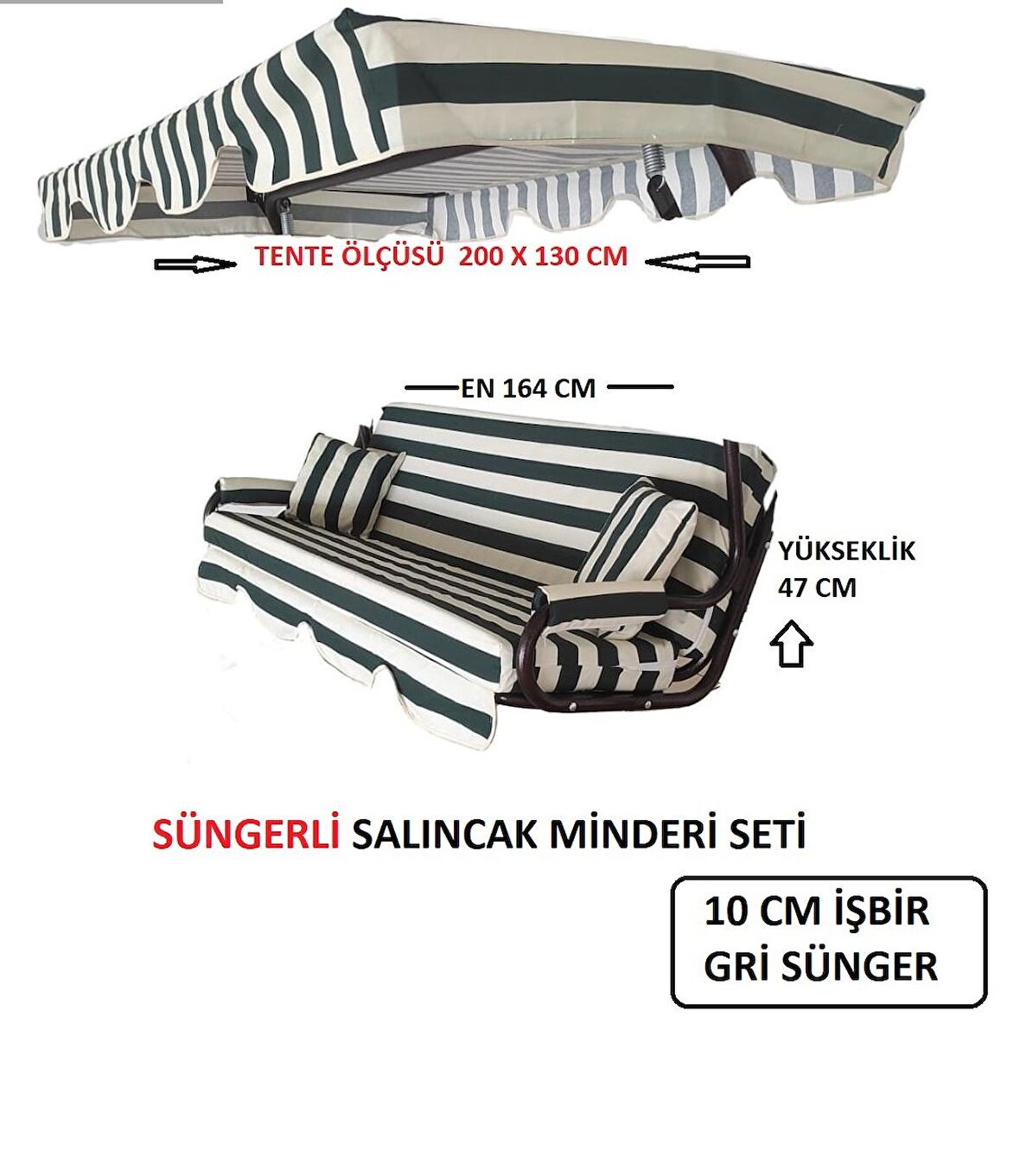 Süngerli  Salıncak Minder Seti Tenteli  10 CM  İŞBİR GRİ Sünger  164X47  3 Kişilik Yeşil Krem