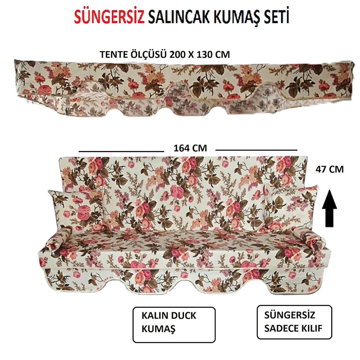 Mor Minder Süngersiz  Tenteli Salıncak Kumaş Seti 3Kişilik  164x47 cm SÜNGERSİZ  İngiliz Gülü Model