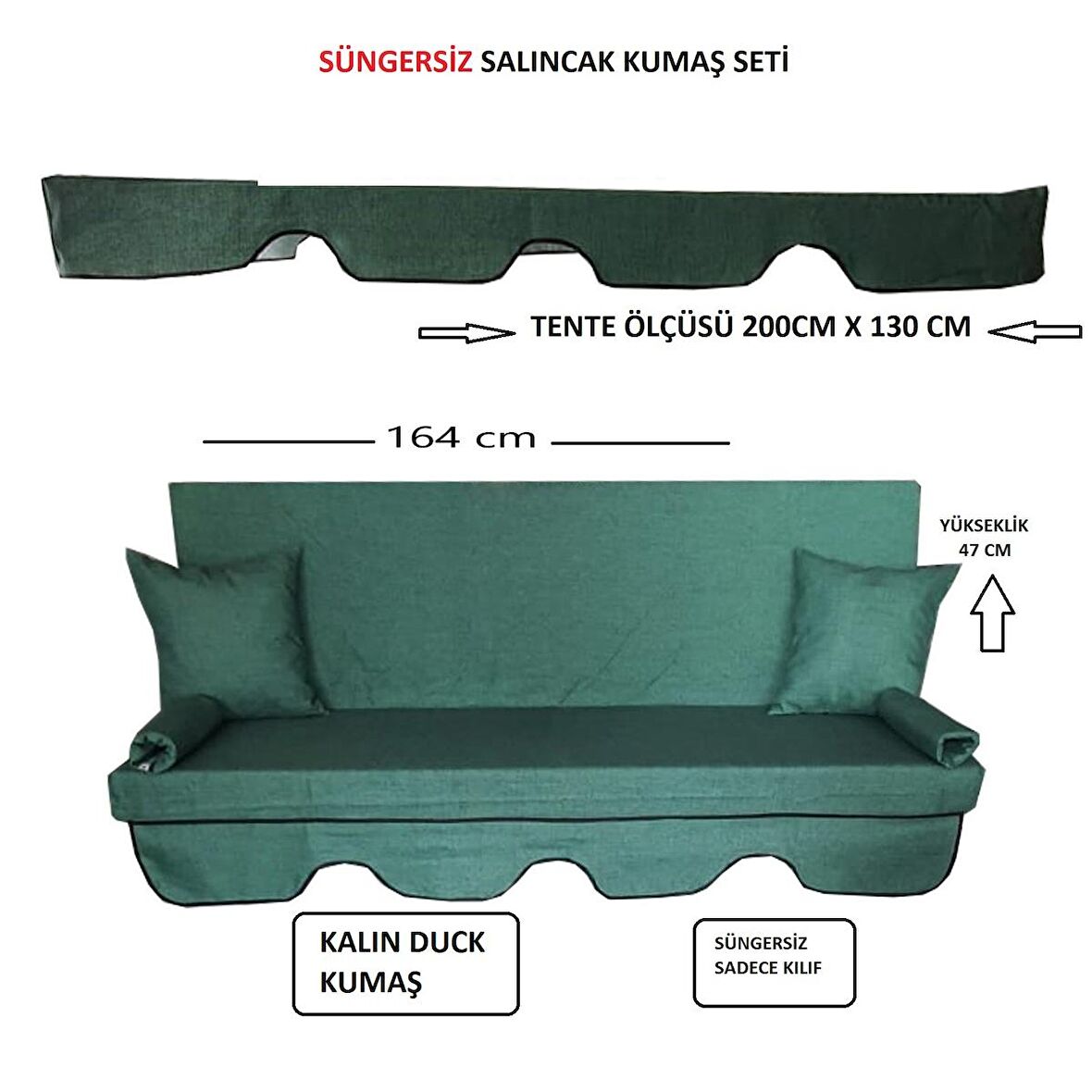 Süngersiz Tenteli Salıncak Kumaş Seti 3 Kişilik Süngersiz 164x47 cm  Yeşil