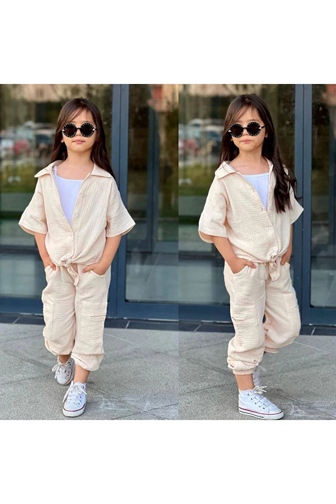 3lü Müslin Gömlek, Askılı Badi, Pantolonlu Kız Takım Ekru 4-12 Yaş 7029-E