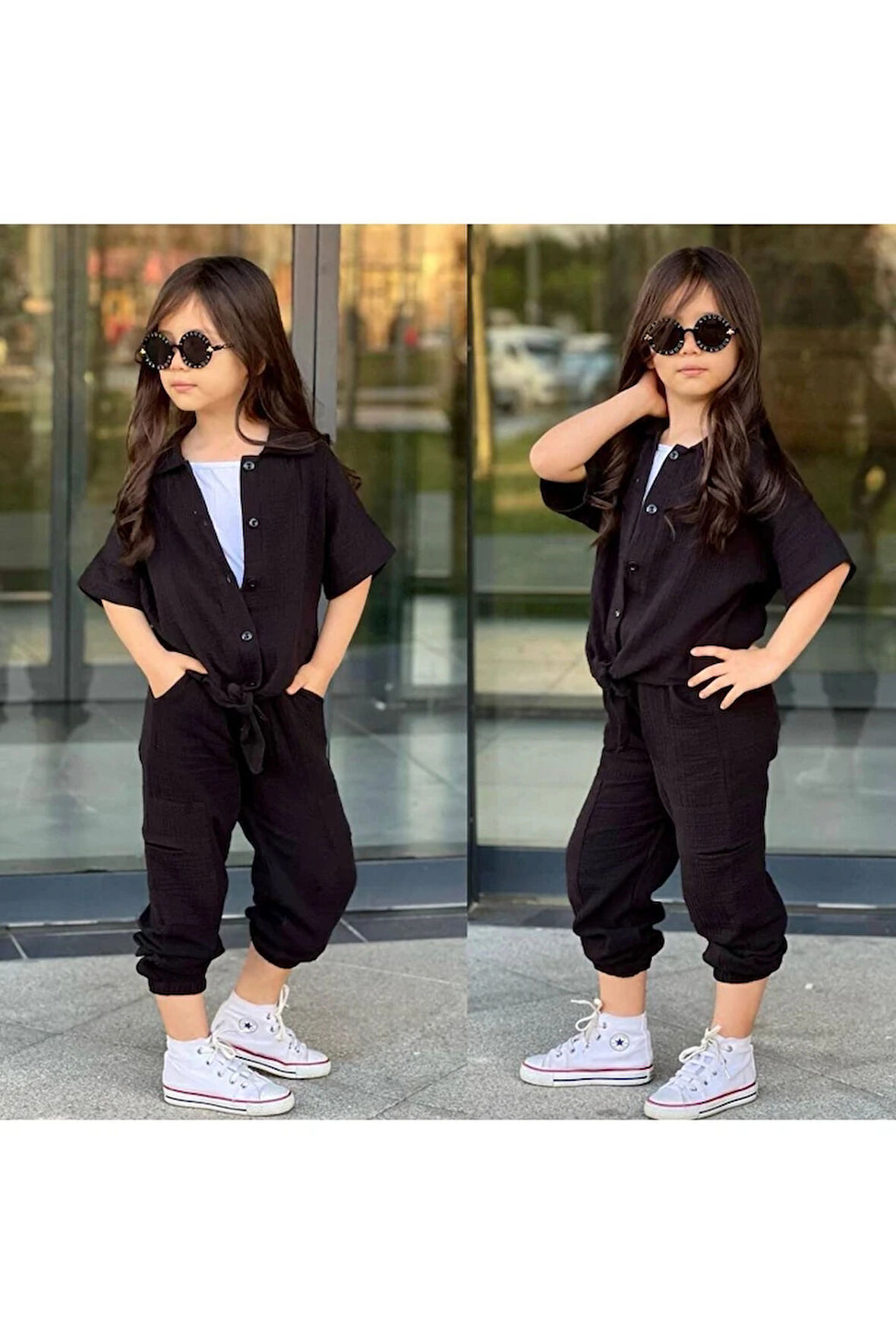 3lü Müslin Gömlek, Askılı Badi, Pantolonlu Kız Takım Siyah 4-12 Yaş 7029-S