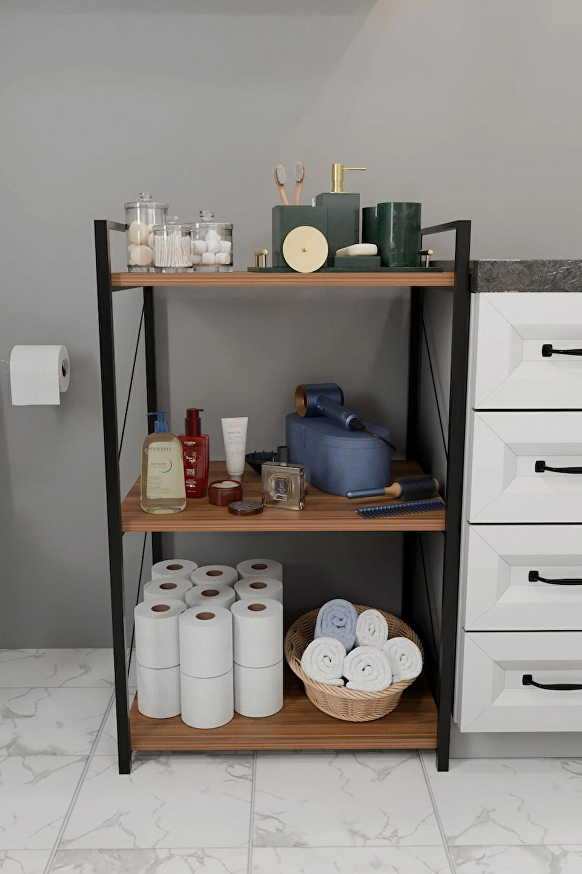 3 Katlı Banyo Rafı Metal Çerçeveli Çok Amaçlı Organizer,Çamaşır Odası,Havlu Düzenleyici Banyo Dolabı
