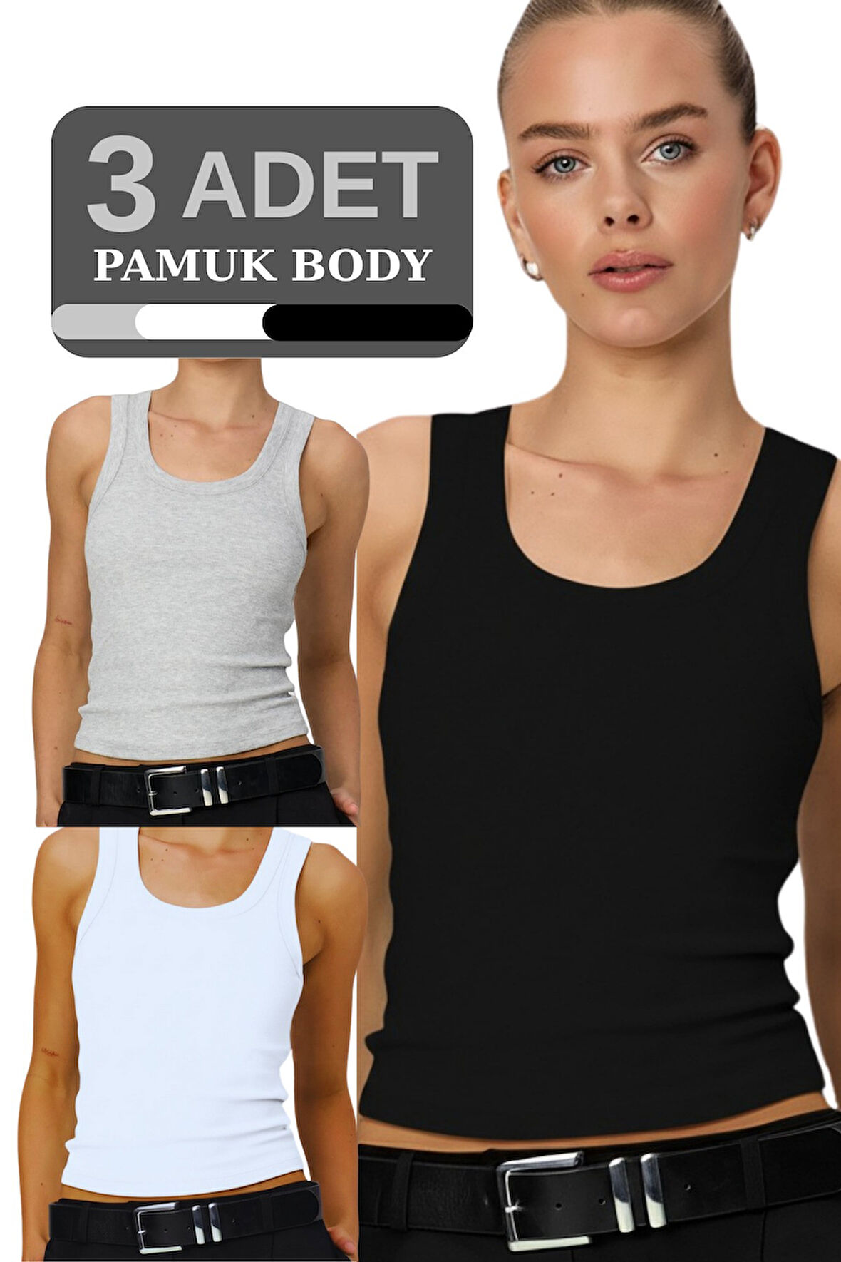 Kadın 3’lü Pamuklu Kalın Askılı Body Set (%95 Pamuk) – Siyah Beyaz Gri