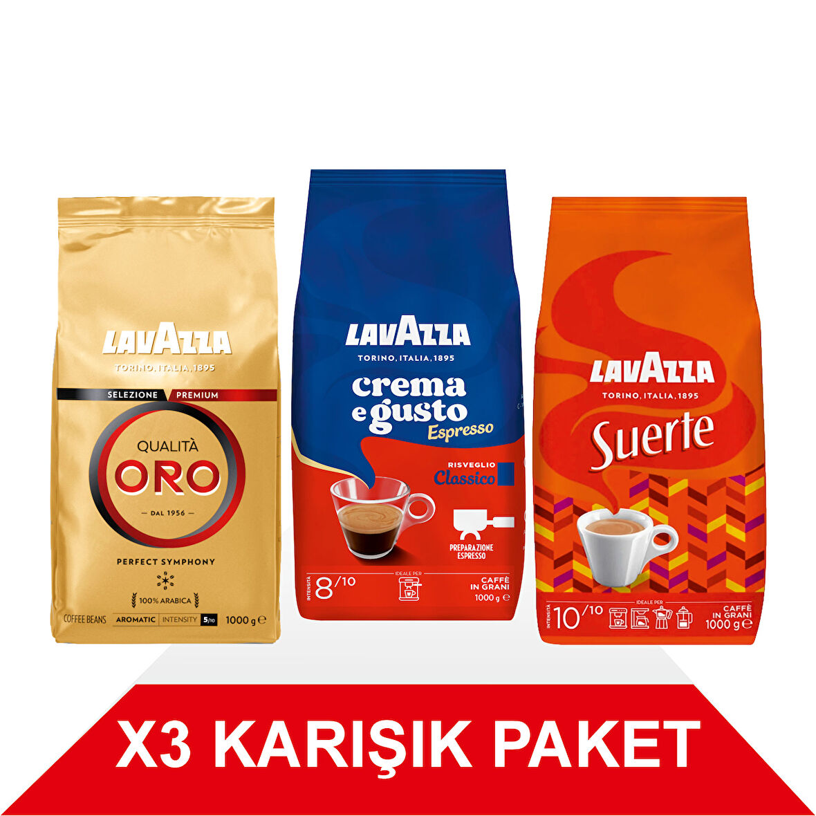 Qualità Oro + Crema e Gusto Classico + Suerte Çekirdek Kahve (1000gr) 3'Lü Paket