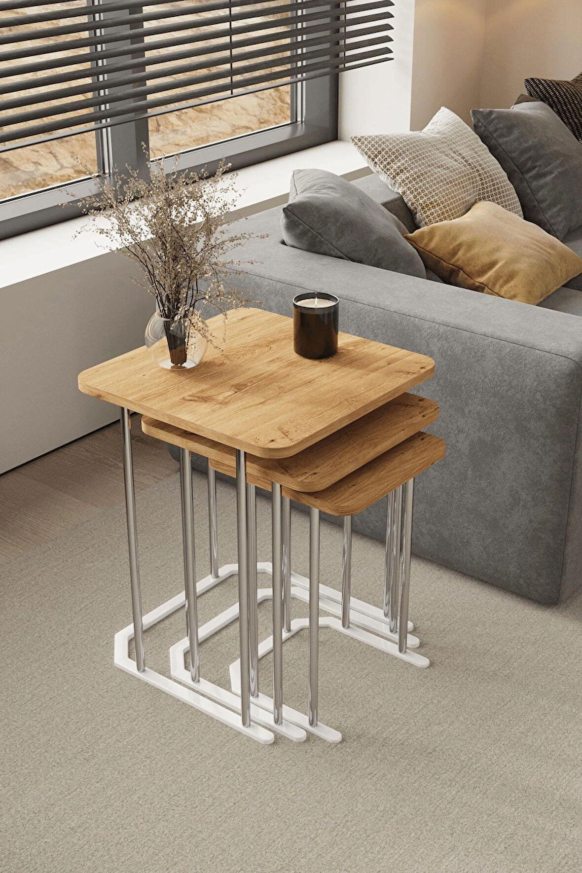 3' Lü Kare Zigon Sehpa Gümüş Ayak Atlantik Çam 18 mm Mdf
