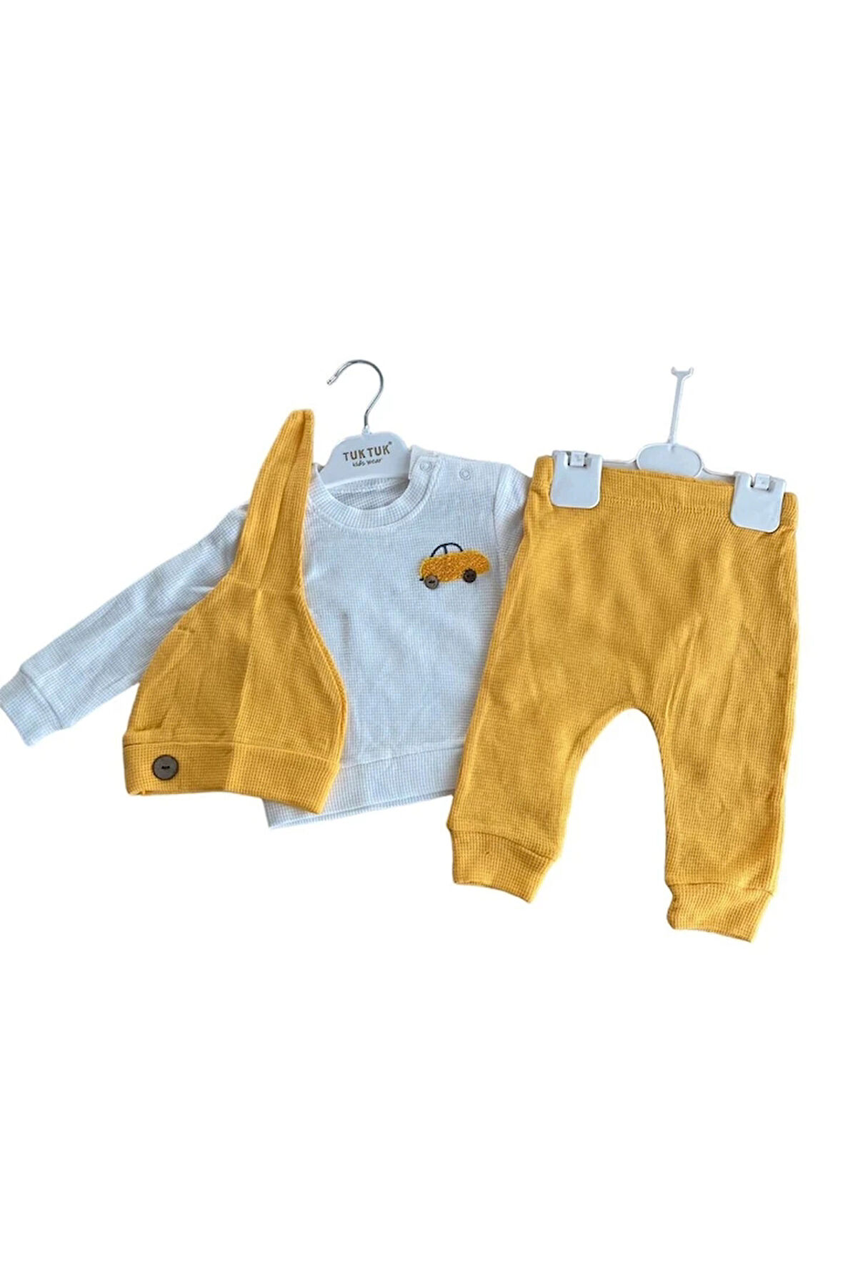 Araba Nakışlı Waffle Kumaş %100 Pamuk 3 Parça Sarı Erkek Çocuk Takım 32113