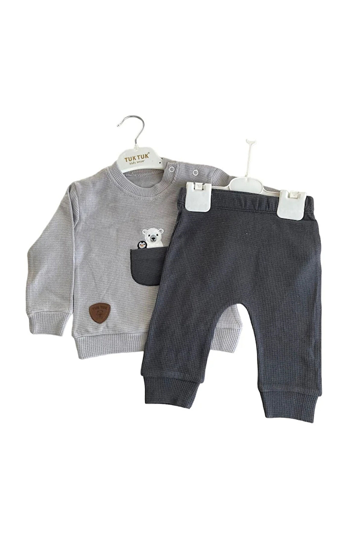 Cepte Ayı Nakışlı %100 Pamuk Gri Erkek Çocuk Takım 32238