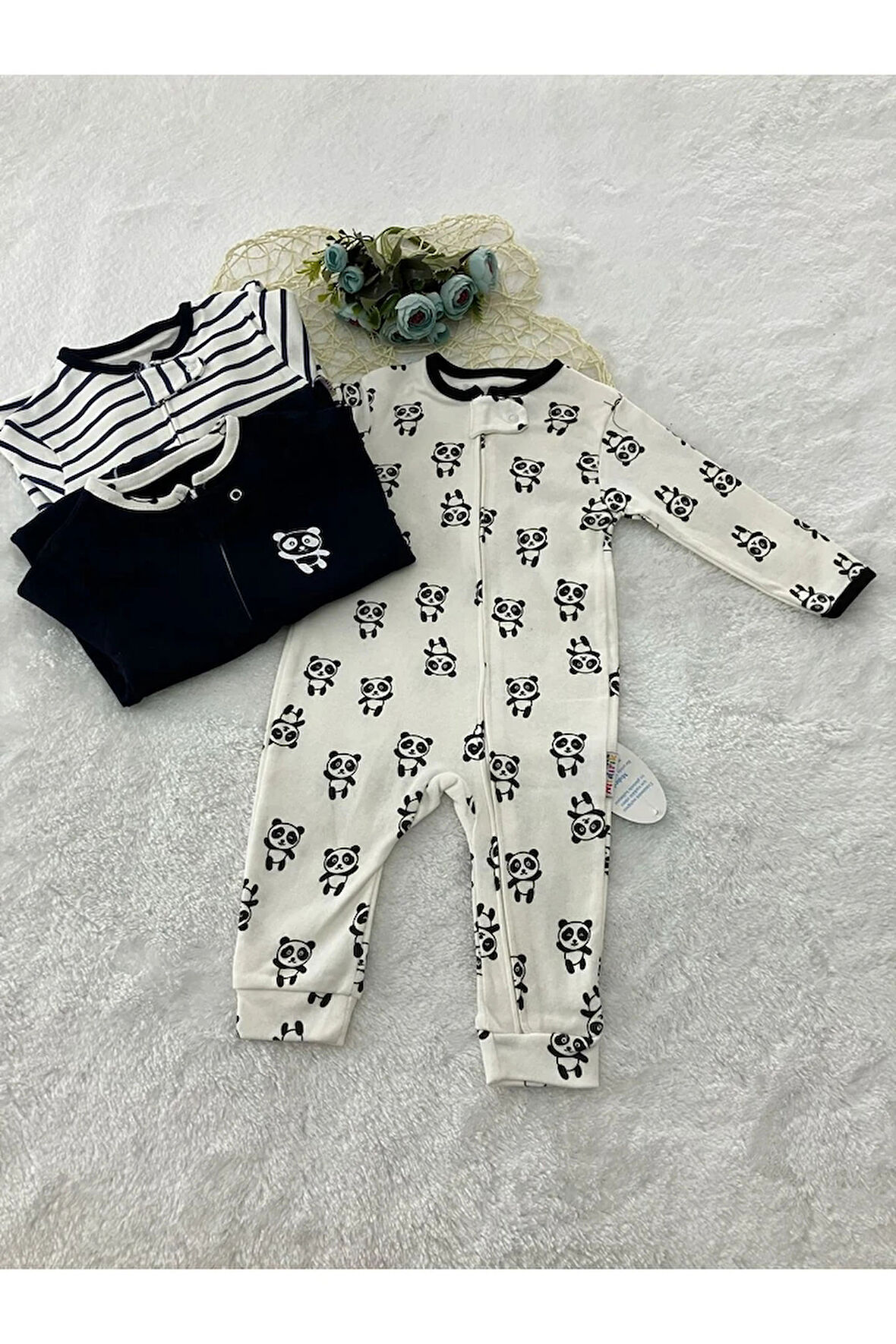 %100 Pamuk Korumalı Fermuarlı Panda Baskılı 3lü Tulum 6-18 Ay 577