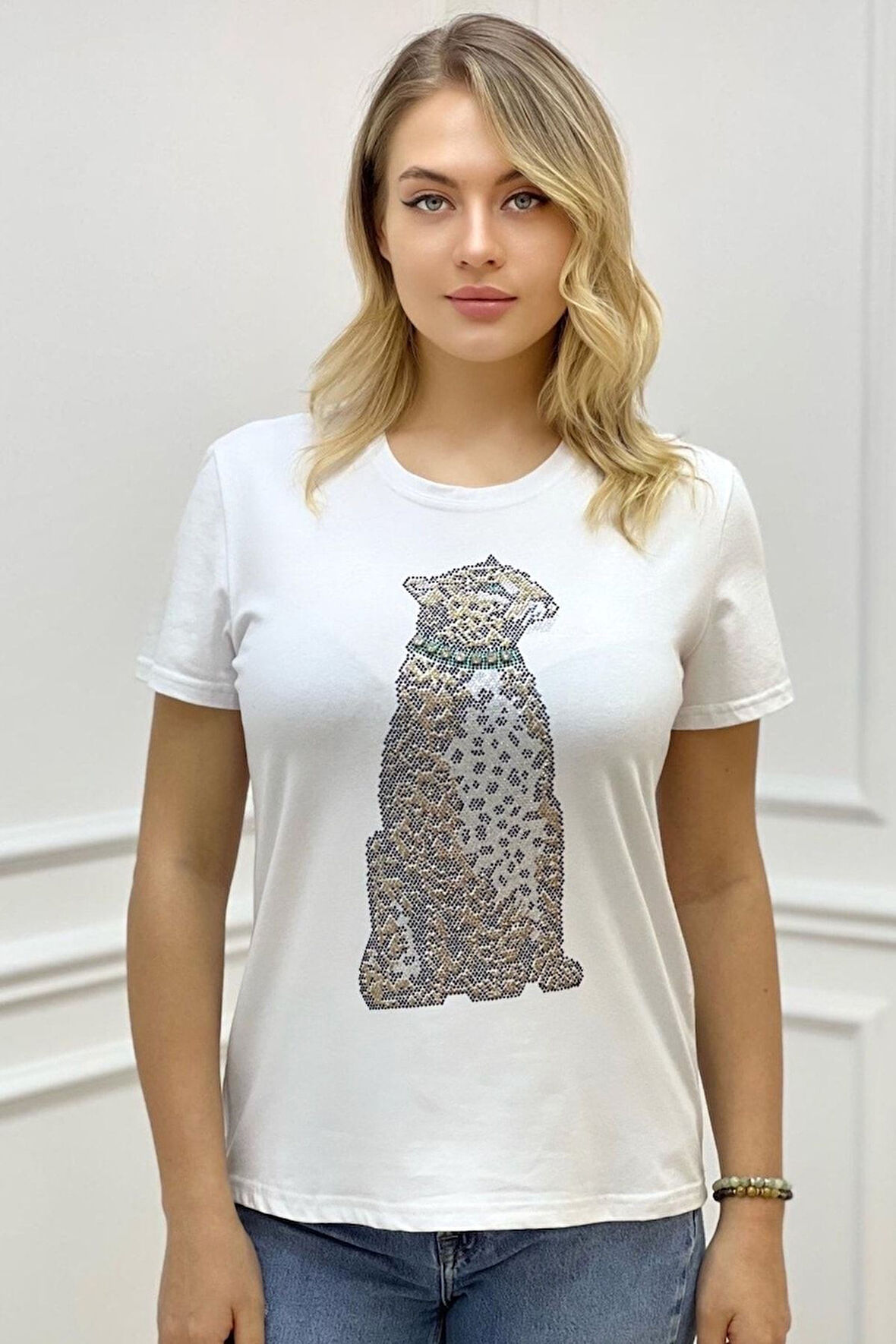 Kaplan Crystal Taşlı Büyük Beden Regular Fit Plus Size Beyaz Şık Kadın T-shirt