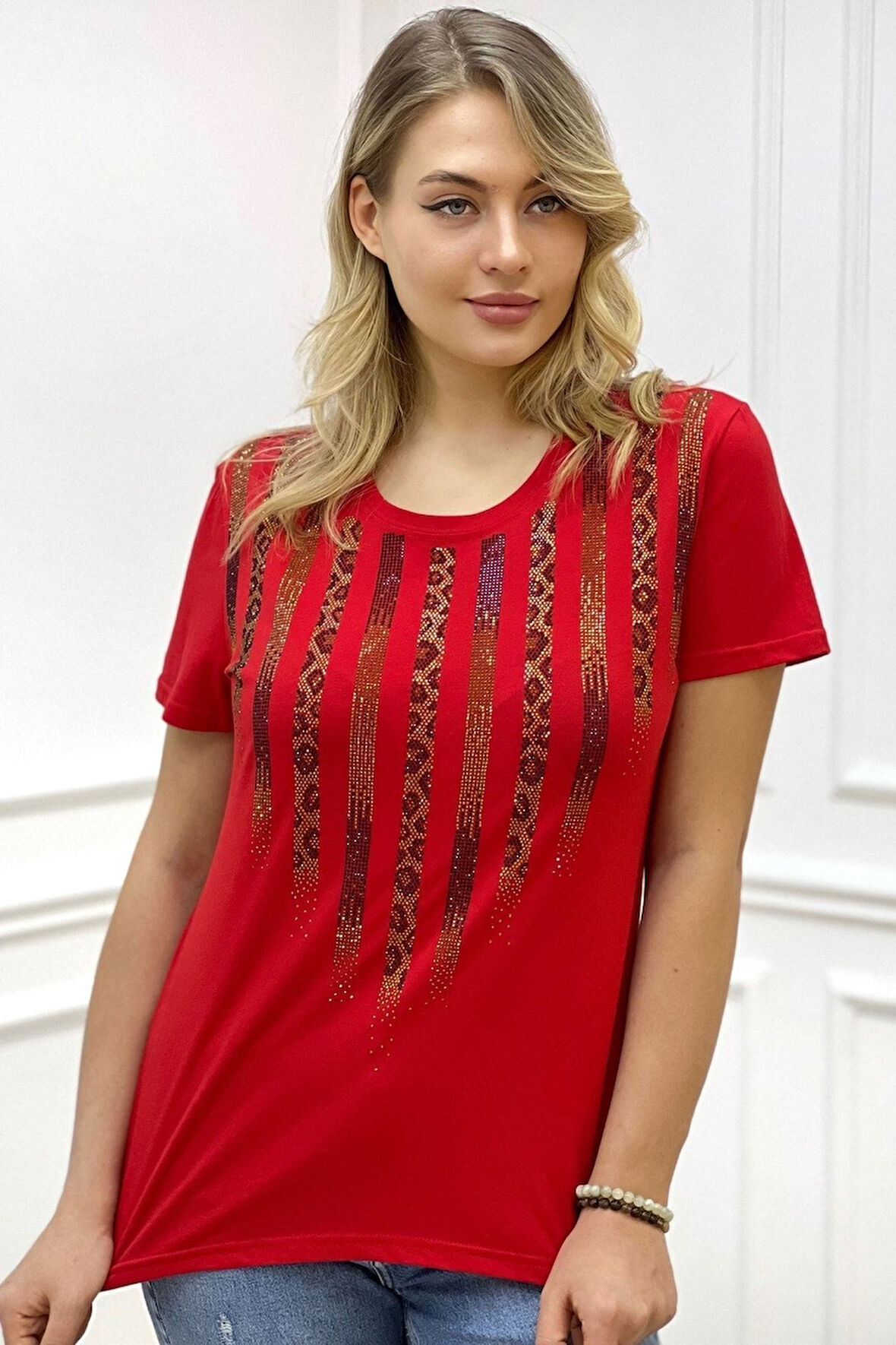 Leopar Crystal Taşlı Kısa Kol Bisiklet Yaka Büyük Beden Plus Size Pamuk Beyaz Kadın T-shirt