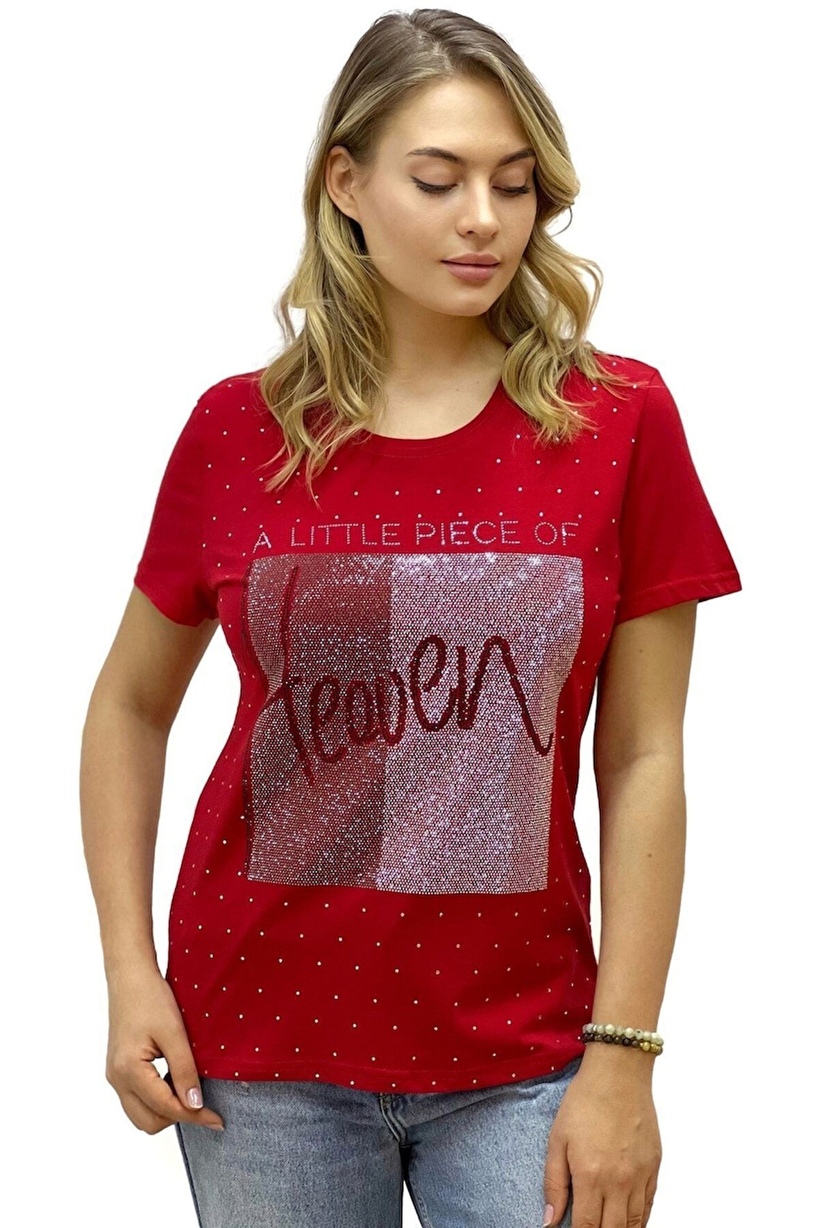 Heaven Crystal Taşlı Büyük Beden Bisiklet Yaka Pamuk Kırmızı Kadın T-Shirt L XL 2XL 3XL