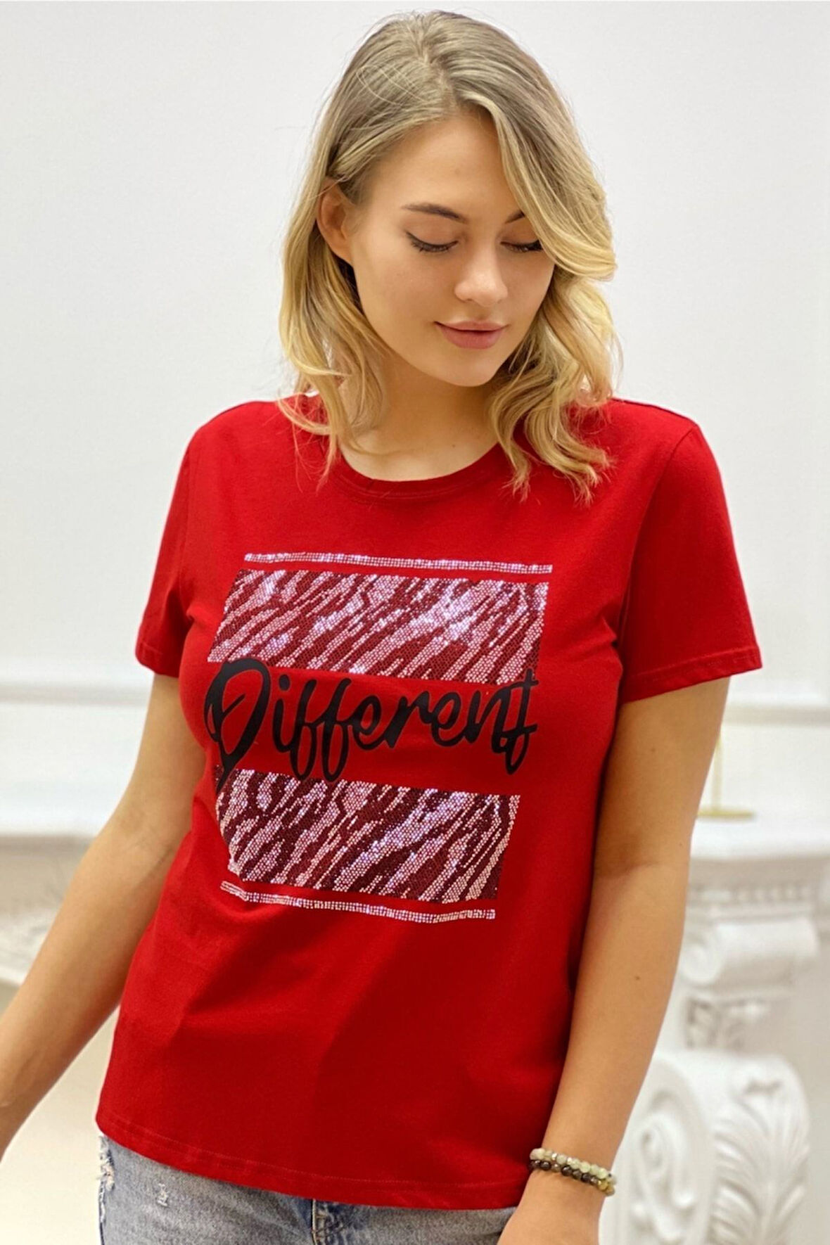 Baskılı Crystal Taşlı Bisiklet Yaka Büyük Beden Kadın T-shirt