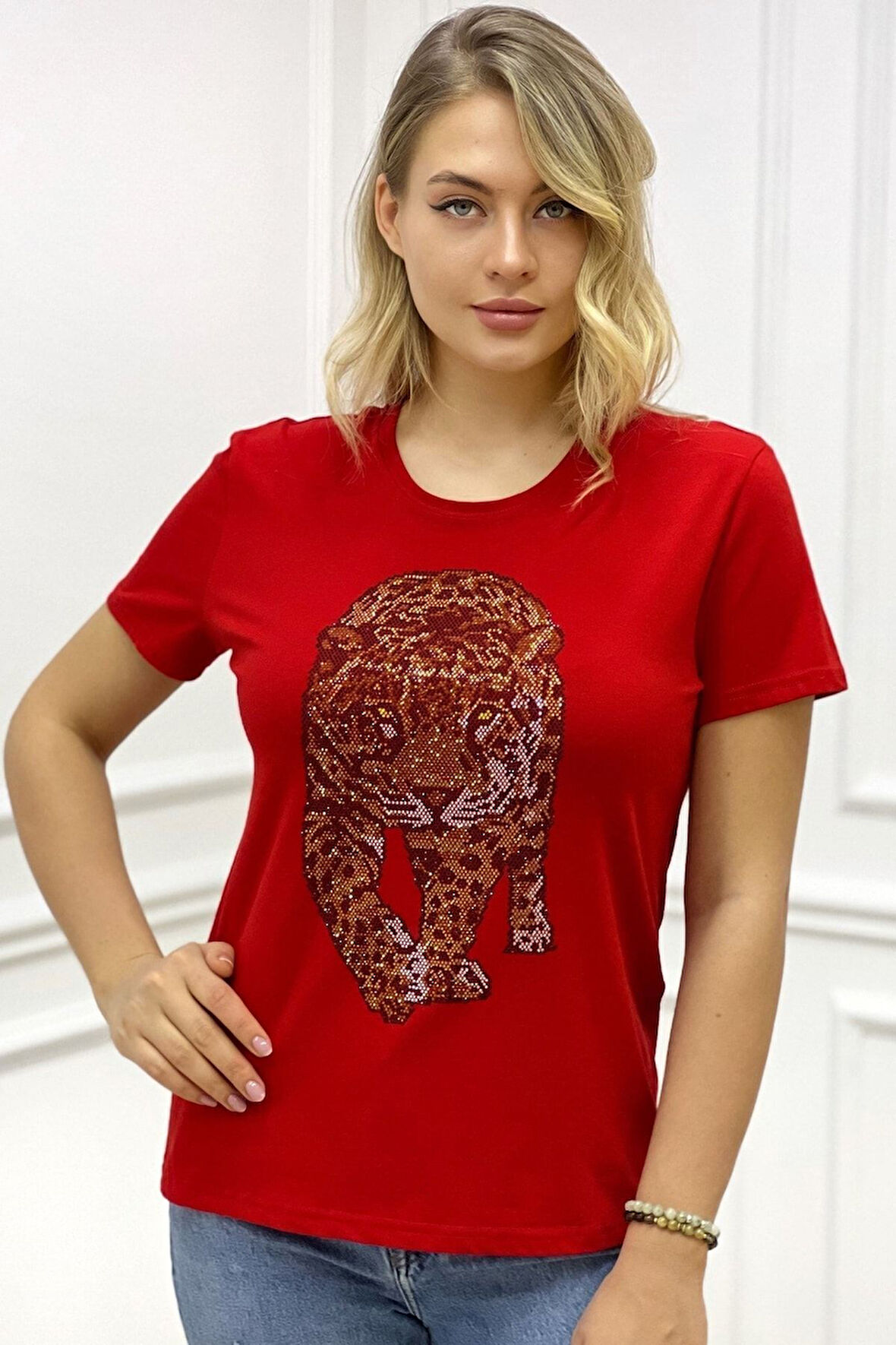 Kaplan Crystal Taşlı Büyük Beden Bisiklet Yaka Siyah Pamuk Kadın T-shirt