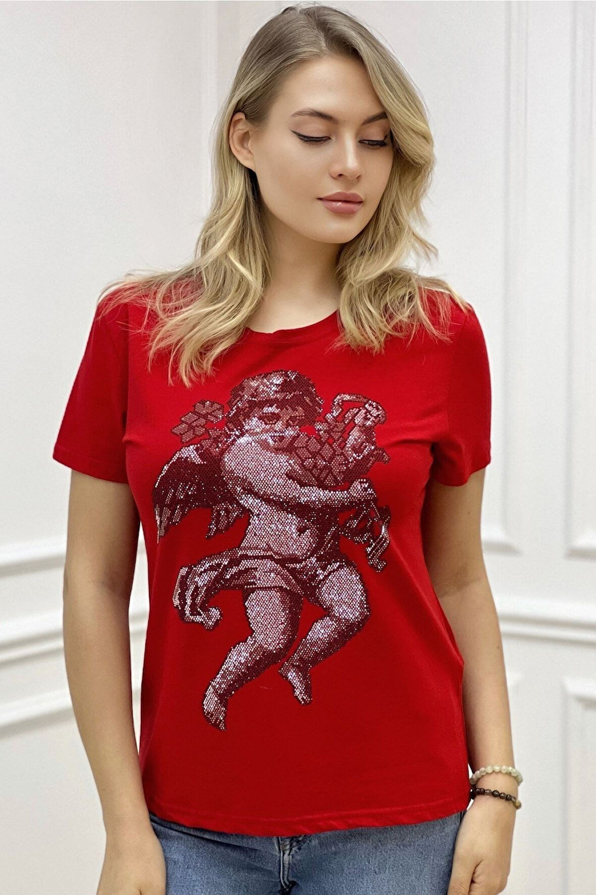 Melek Crystal Taş Desenli Bisiklet Yaka Büyük Beden Şık Pamuk Kadın T-shirt