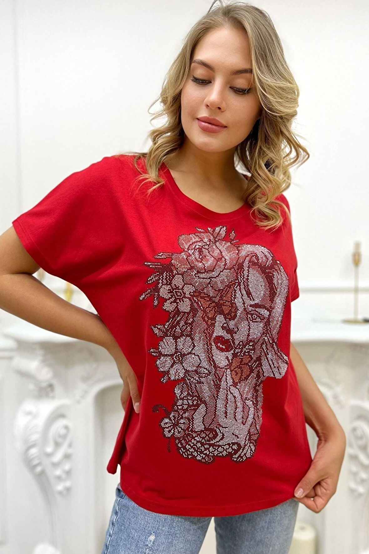 Bol Kesim Crystal Taşlı Büyük Beden Bisiklet Yaka Pamuk Siyah Kadın T-shirt