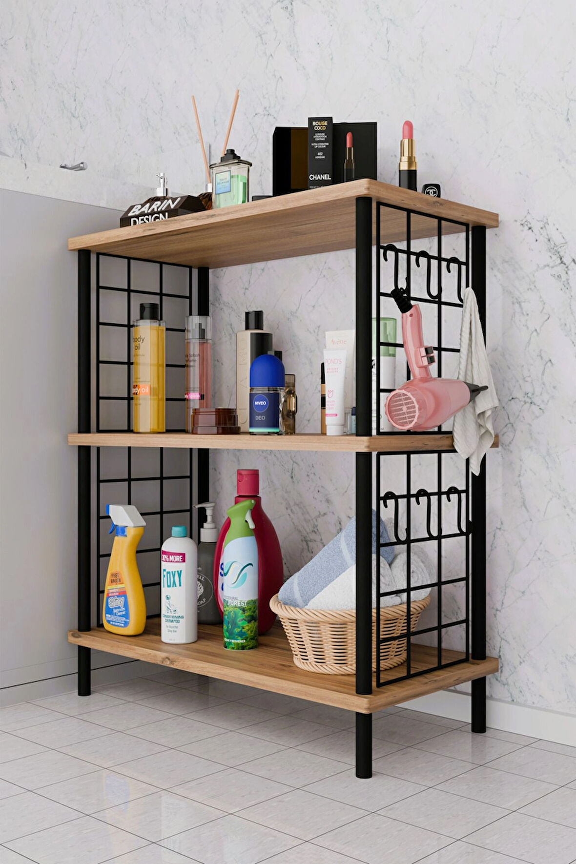 3Raflı Telli Çevir Kur Çok Amaçlı Banyo Rafı Dolabı Metal Gövdeli Organizer Düzenleyici Saklama Rafı