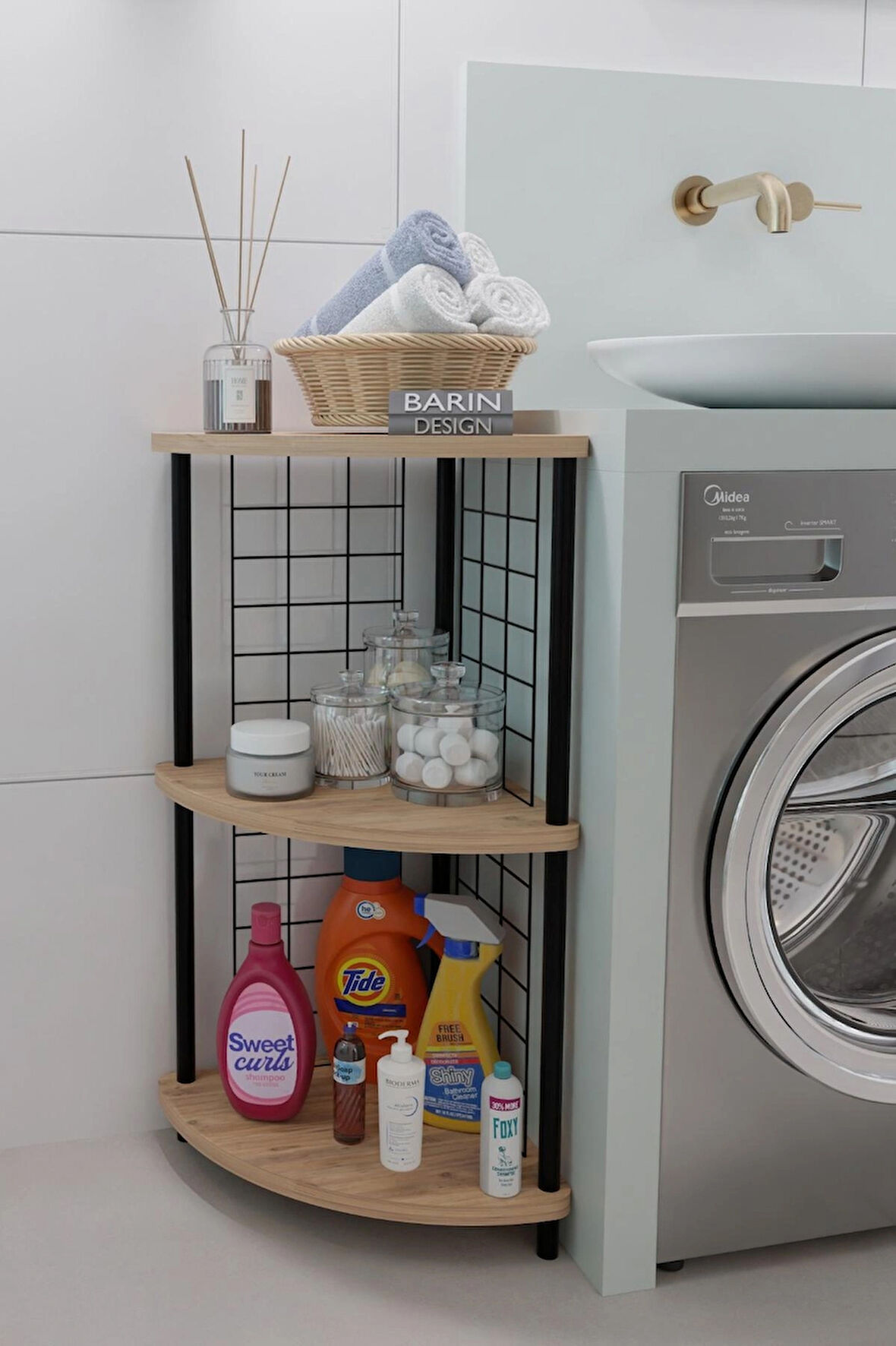 3 Raflıı Köşe Raf Banyo ve Çamaşır Odası Çok Amaçlı Düzenleyici Metal Gövde Çevir Kur Kolay Kurulum