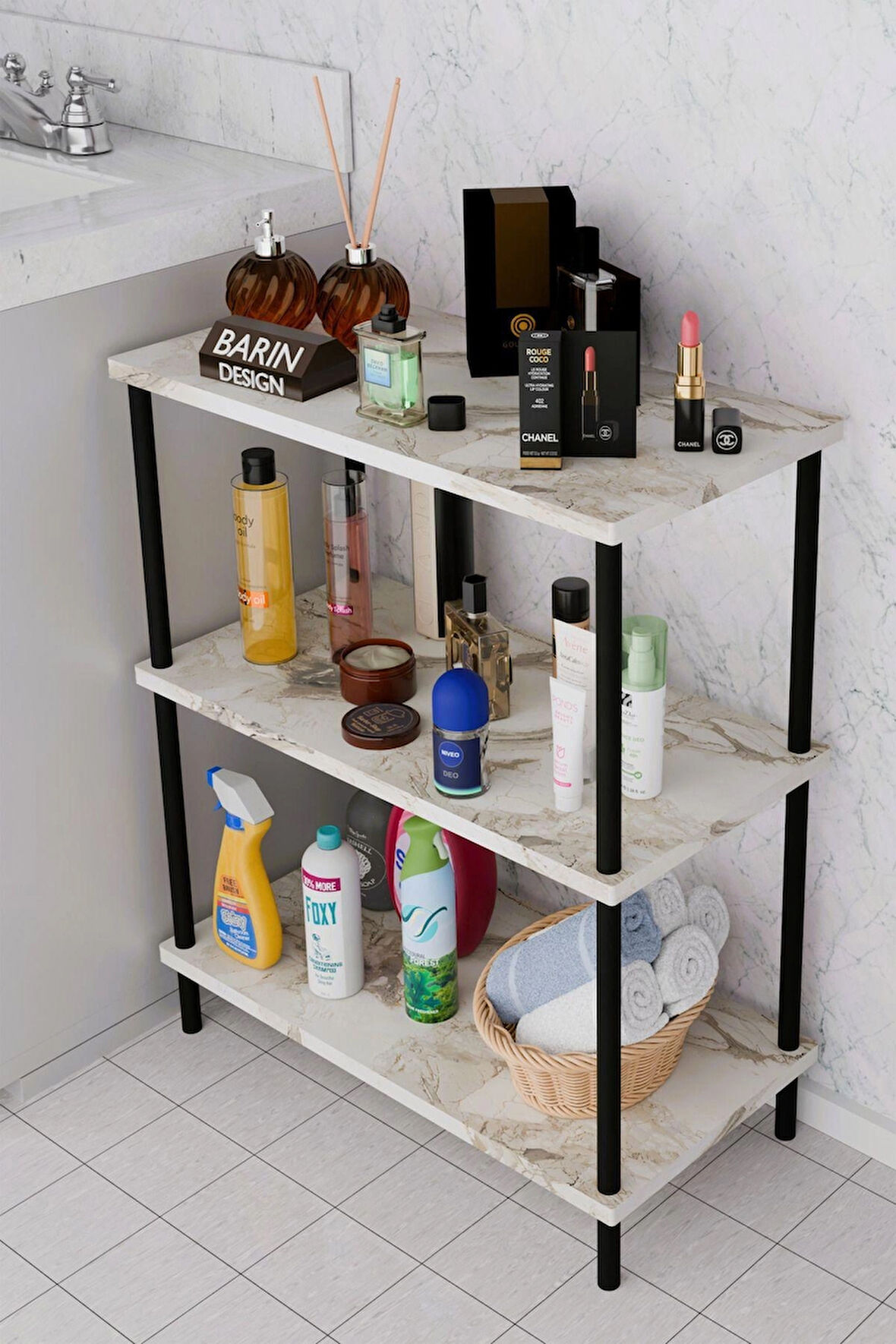 3 Raflı Çevir Kur Banyo Rafı Çok Amaçlı Düzenleyici Açık Raflı Dolap, Metal Gövdeli Organizer Raf
