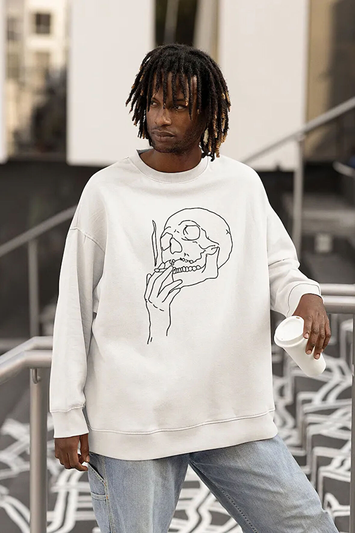 Sigara İçen Kuru Kafa Baskılı Unisex Oversize Sweatshirt