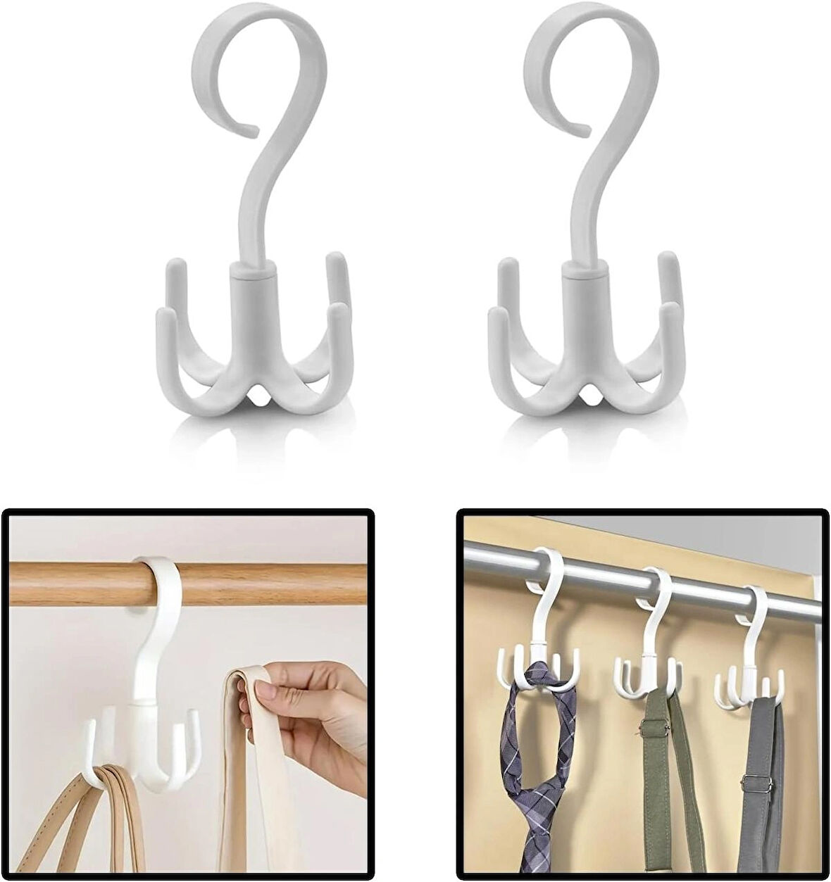 Microcase Çok Amaçlı 4 Askılı 360° Döner Başlıklı Eşya Çanta Kıyafet Tutucu Askılık -AL4761 Beyaz 2 Adet