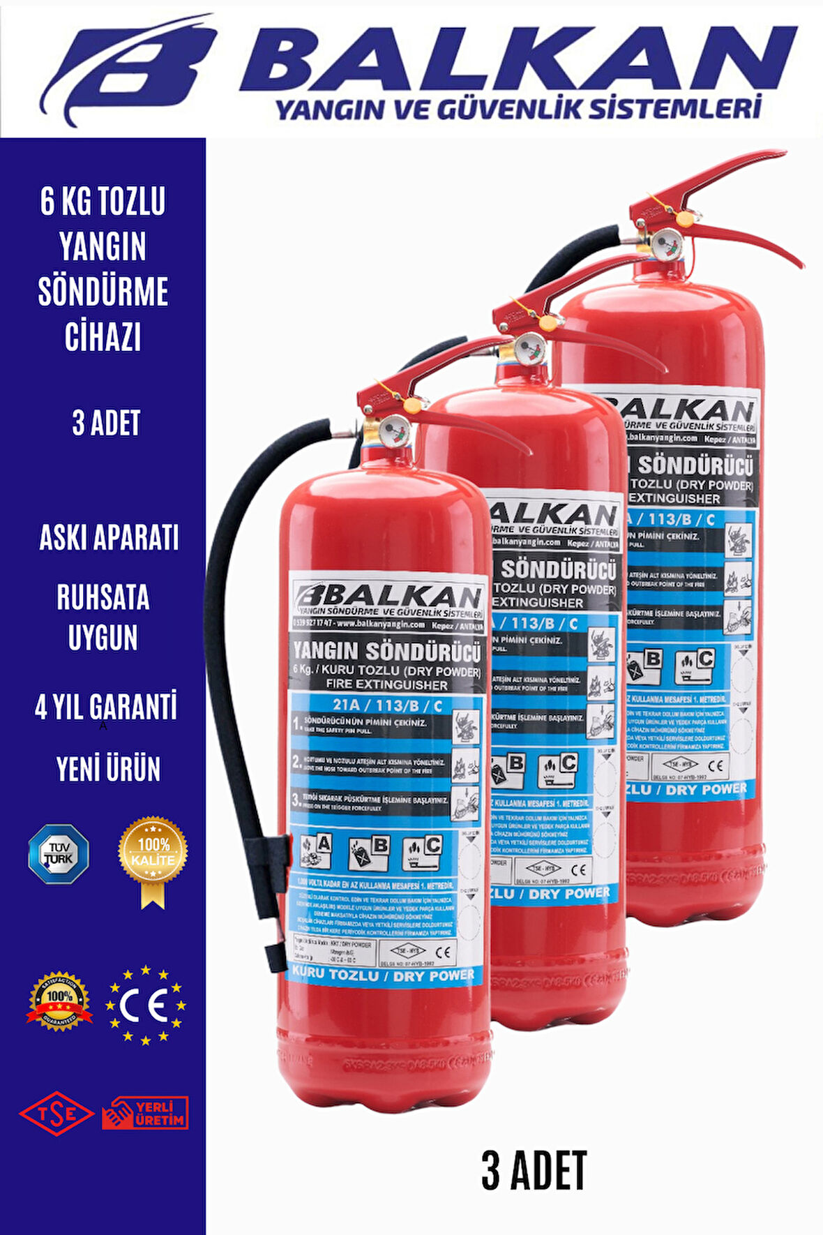 3 Adet 6 Kg Etiketli Ve Ruhsata Uygun Tozlu Yangın Söndürücü