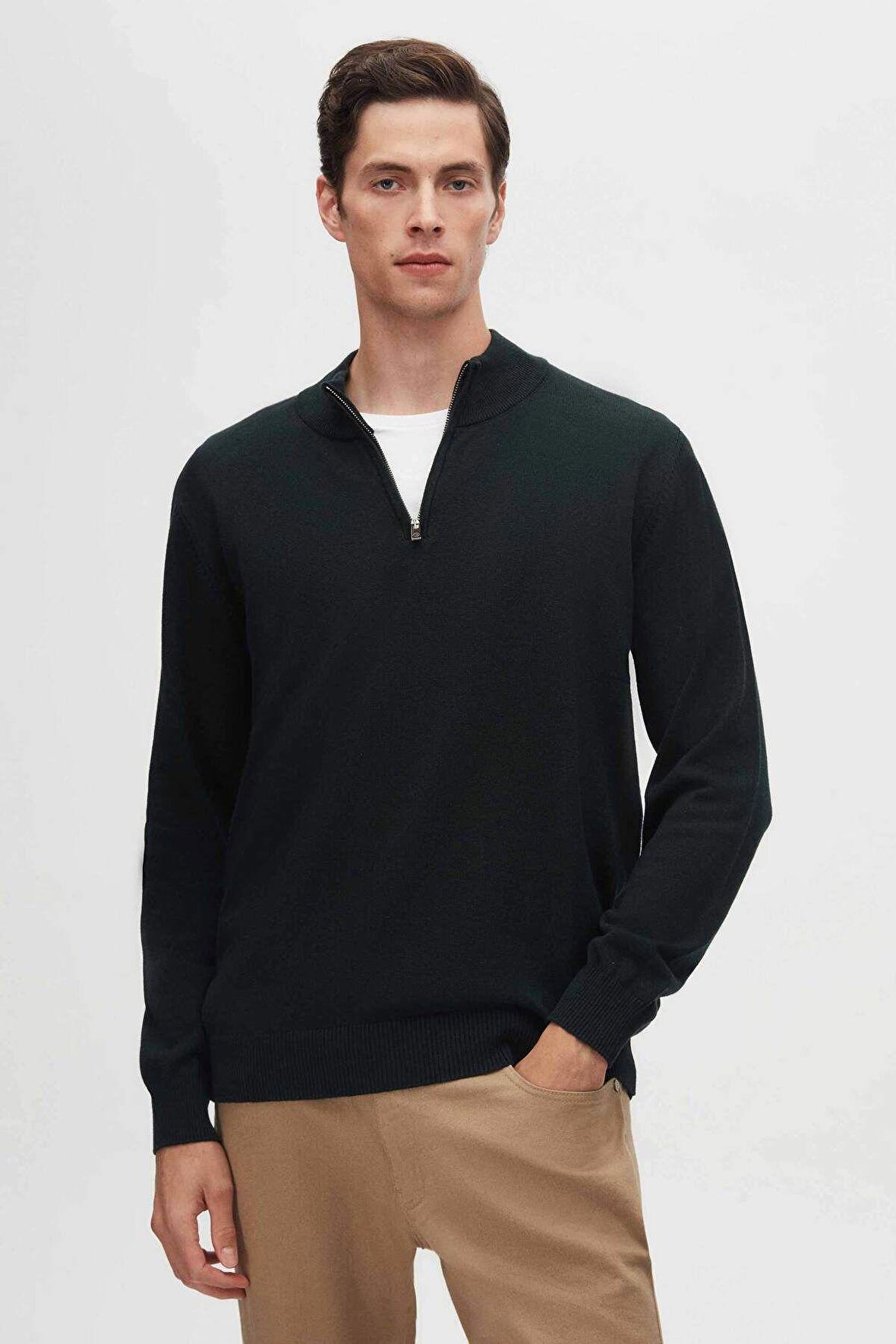 Slim Fit Haki Yarım Fermuarlı Triko Kazak 3HF06ORT00004