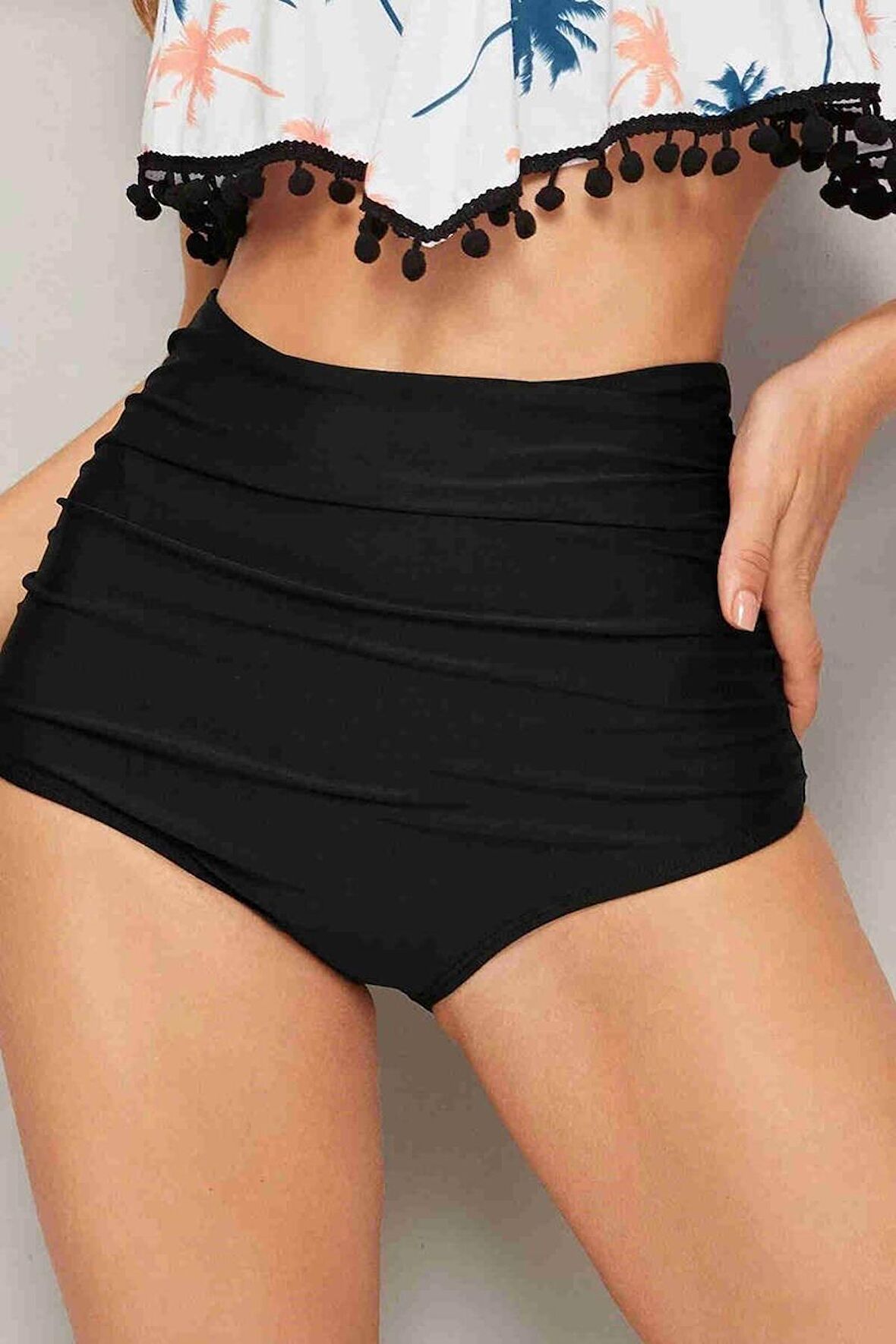 Angelsin Önden Büzgülü Yüksek Bel Bikini Altı Siyah