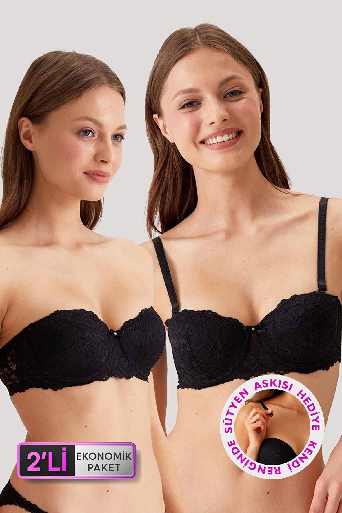 2'li Ekonomik Paket Siyah 6203-2 Pisa Balenli Destekli Straplez Dantelli Sütyen Set
