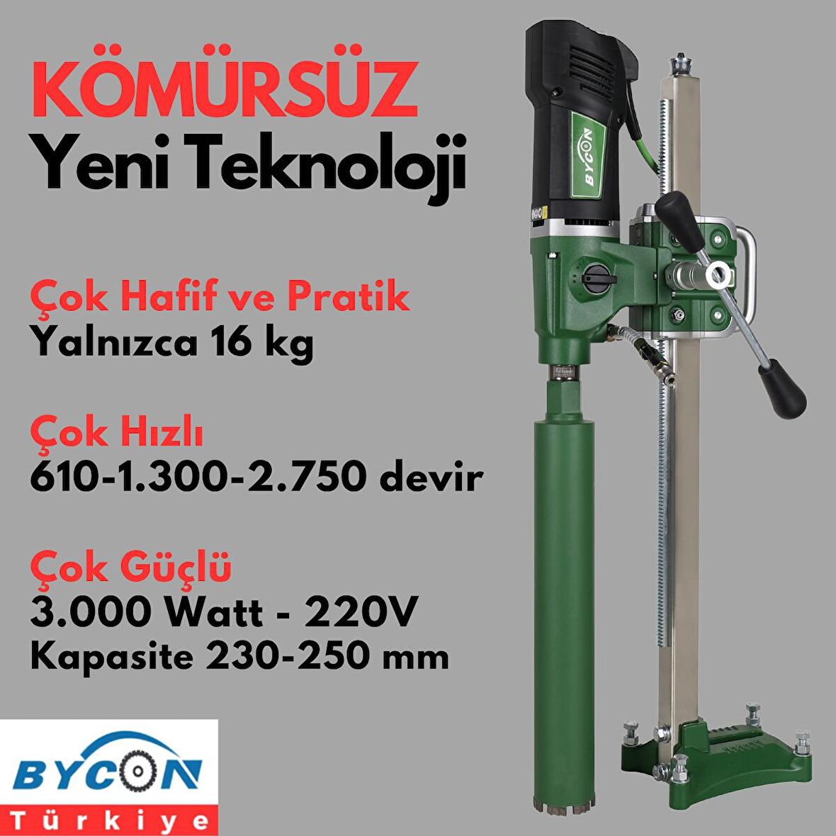 Bycon Kömürsüz 230 mm Delme Kapasiteli Kompakt Sabit Sehpalı Karot Seti